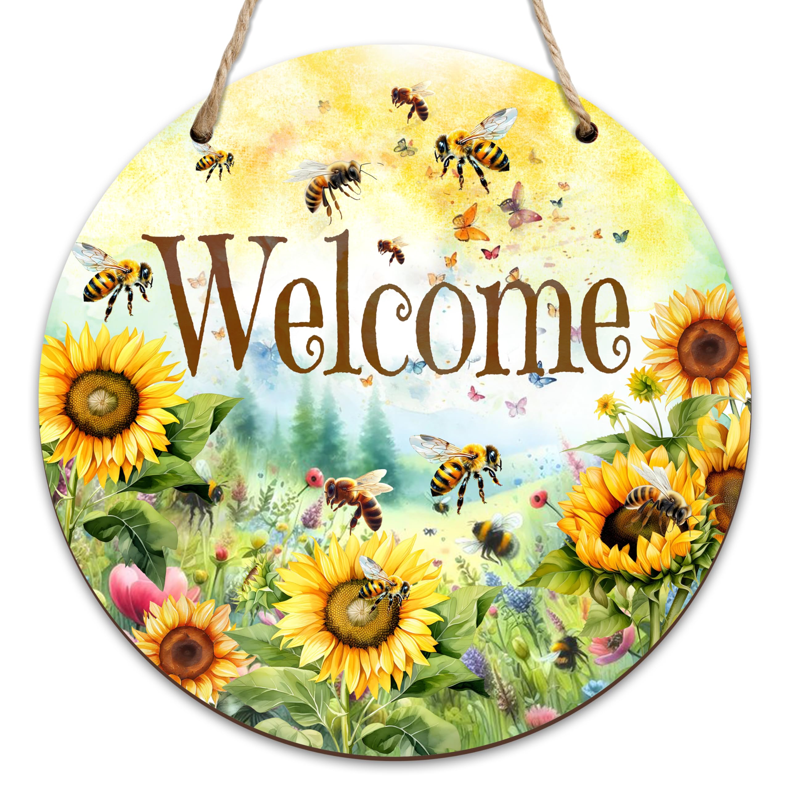 Wooden Welcome Sign For Front Door, Sunflower Bumble Bee Decor Sign, Rustic Outdoor Hanging Signs For Housewarming Gifts, Honey Bee Decor For