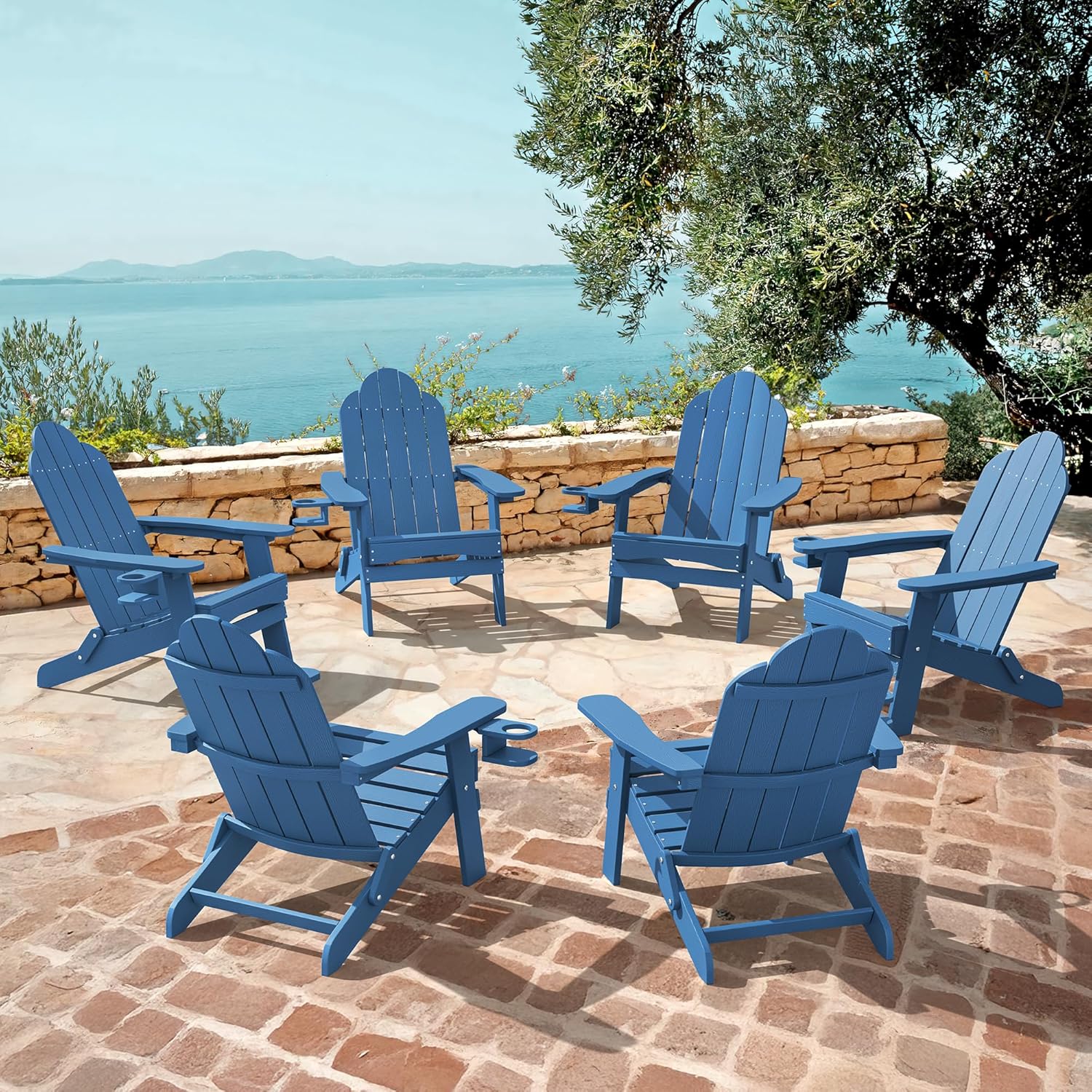 HDPS Folding Adirondack Chairs Set of 2, Fire Pit, Patio, Garden, Pool, Deck, Porch, Hotel, Resort, Hidden Cup Holder, 350LBS, Blue