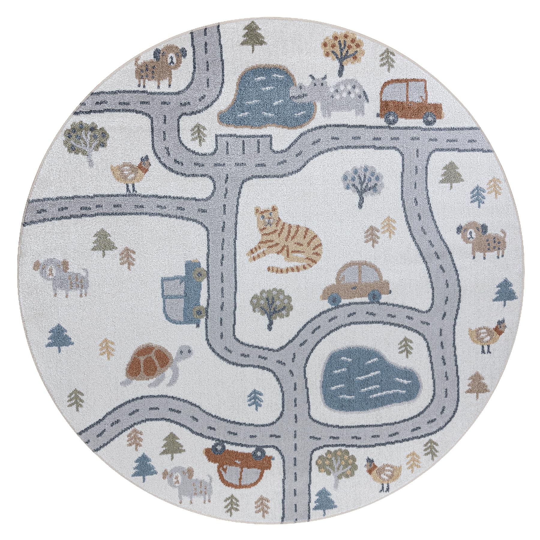 rugsx Tappeto bambini BONO 8283 Per la stanza del bambino, tappeti da gioco, camera dei bambini, Strada, animali, crema/grigio chiaro, cerchio 100 cm