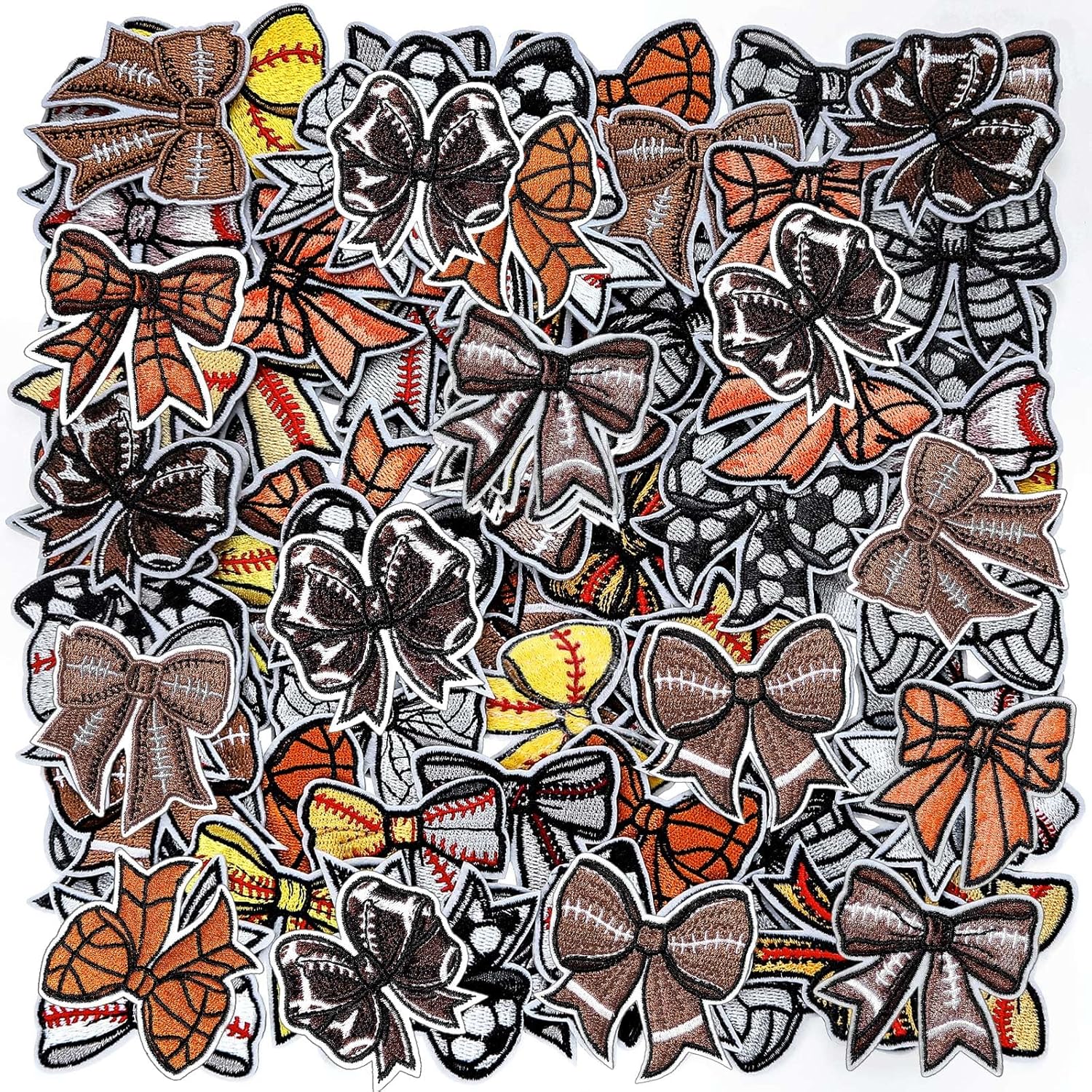 HunnmingRe 72 Pcs Sports Bow Iron on Patches Embroidered Football Baseball Soccer Basketball Iron on Hat Patches Sport Appliques Sew on for Hat Backpack Pants Jeans Clothes DIY Crafts