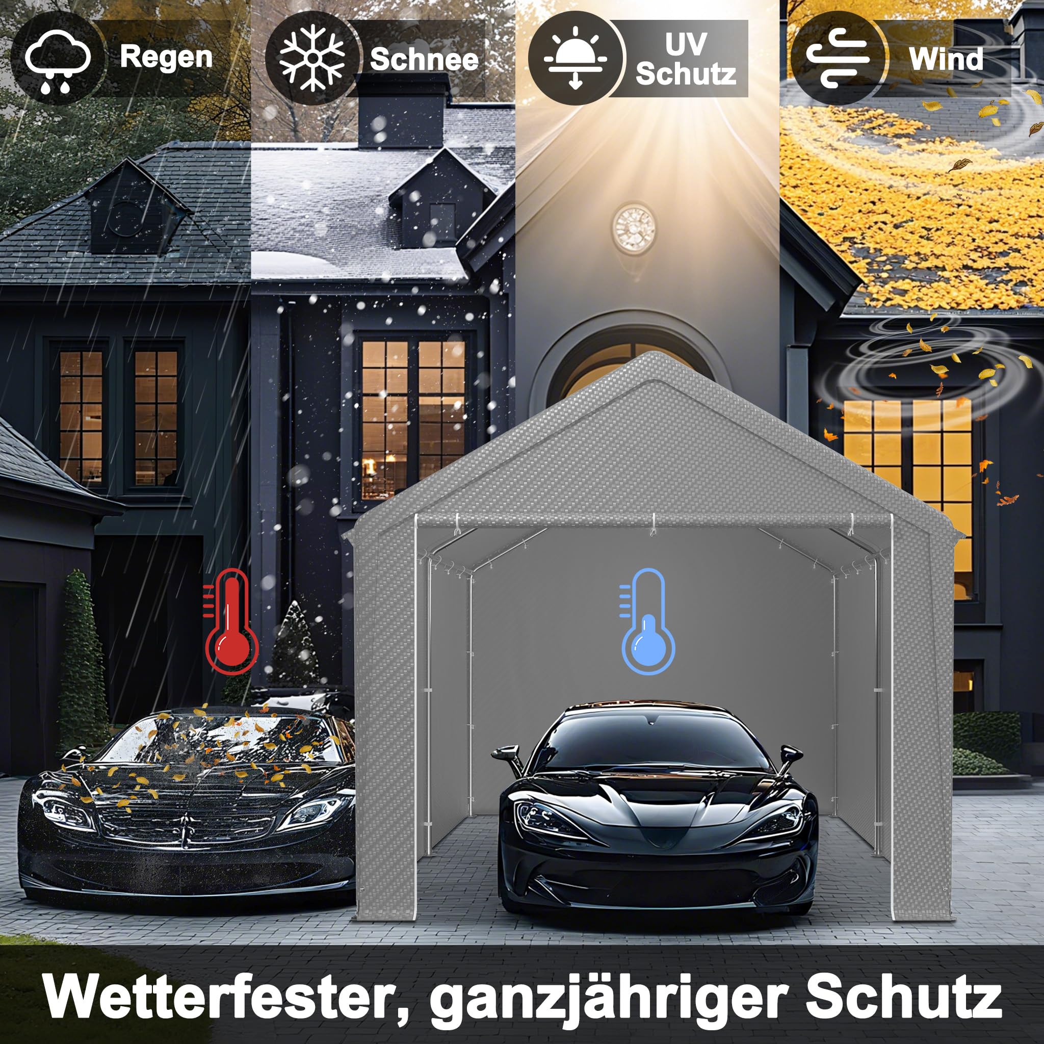 Aufun Carport Zeltgarage 3x4m, Wasserdichtes Lagerzelt mit PE-Dach, Reißenresistenter Garagenzelt mit abnehmbaren Seitenwänden, UV-beständig Winterfest Unterstand für Auto, SUV, LKW, Boot, Grau