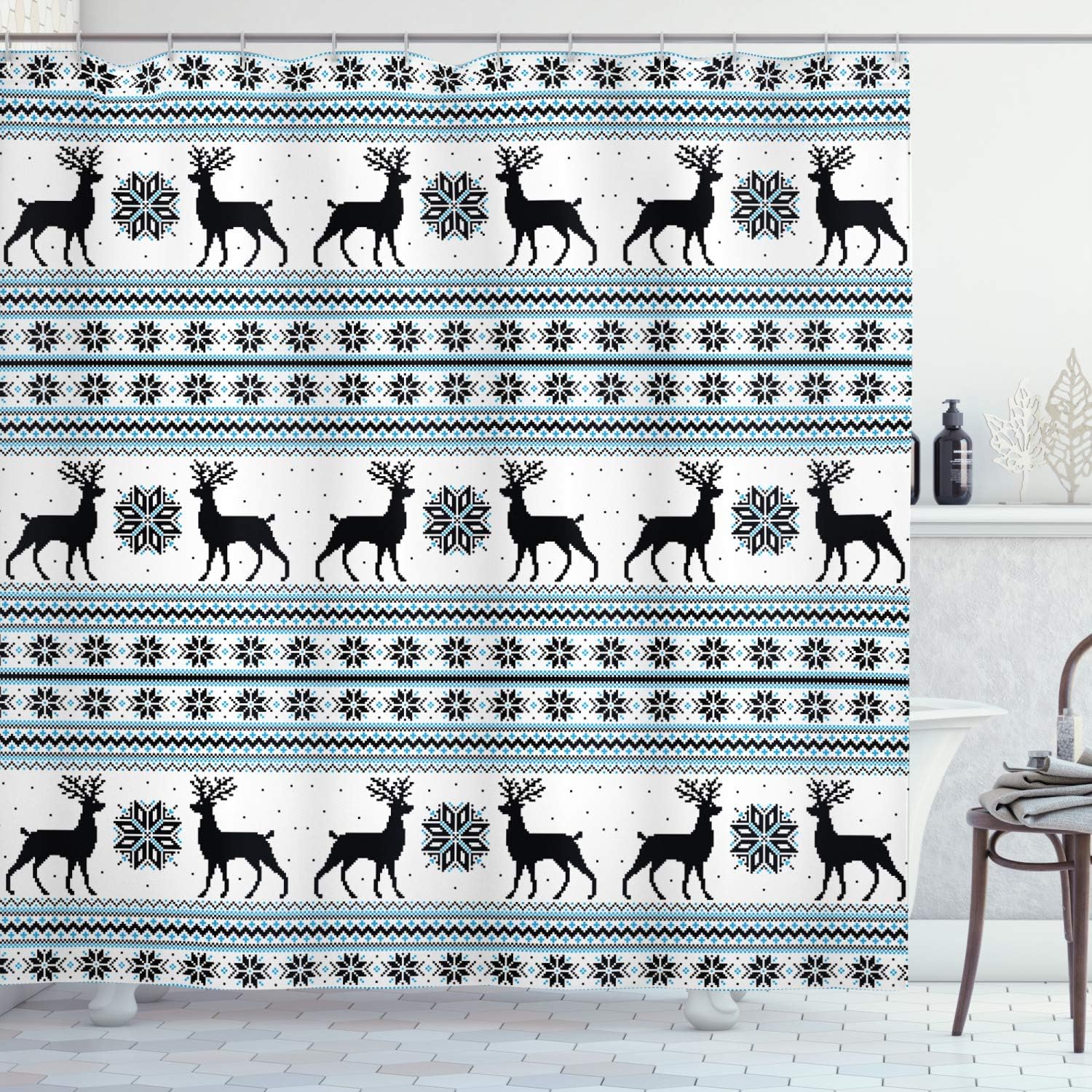 Ambesonne Nordic Shower Curtain, Chevron Zigzags Winter Floral Arrangement Norwegian Reindeer Snow Pattern, Cloth Fabric Bathroom Decor Set with Hooks, 69" W x 75" L, Black White Sky Blue