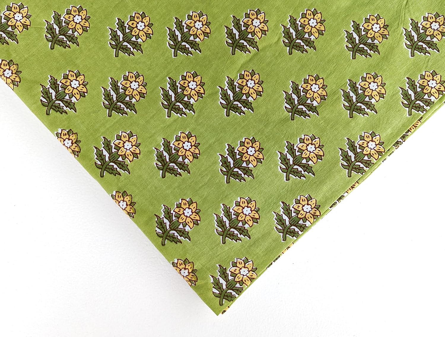 AVKA Studio Hand Block Print Fabric by The Yard - PRECUT 5 Yards 42 Inch Width - 100% Cotton Material - Green Floral Pattern - Light Weight Indian Cloth for Making Summer Dress Tops Indian Fabric etc