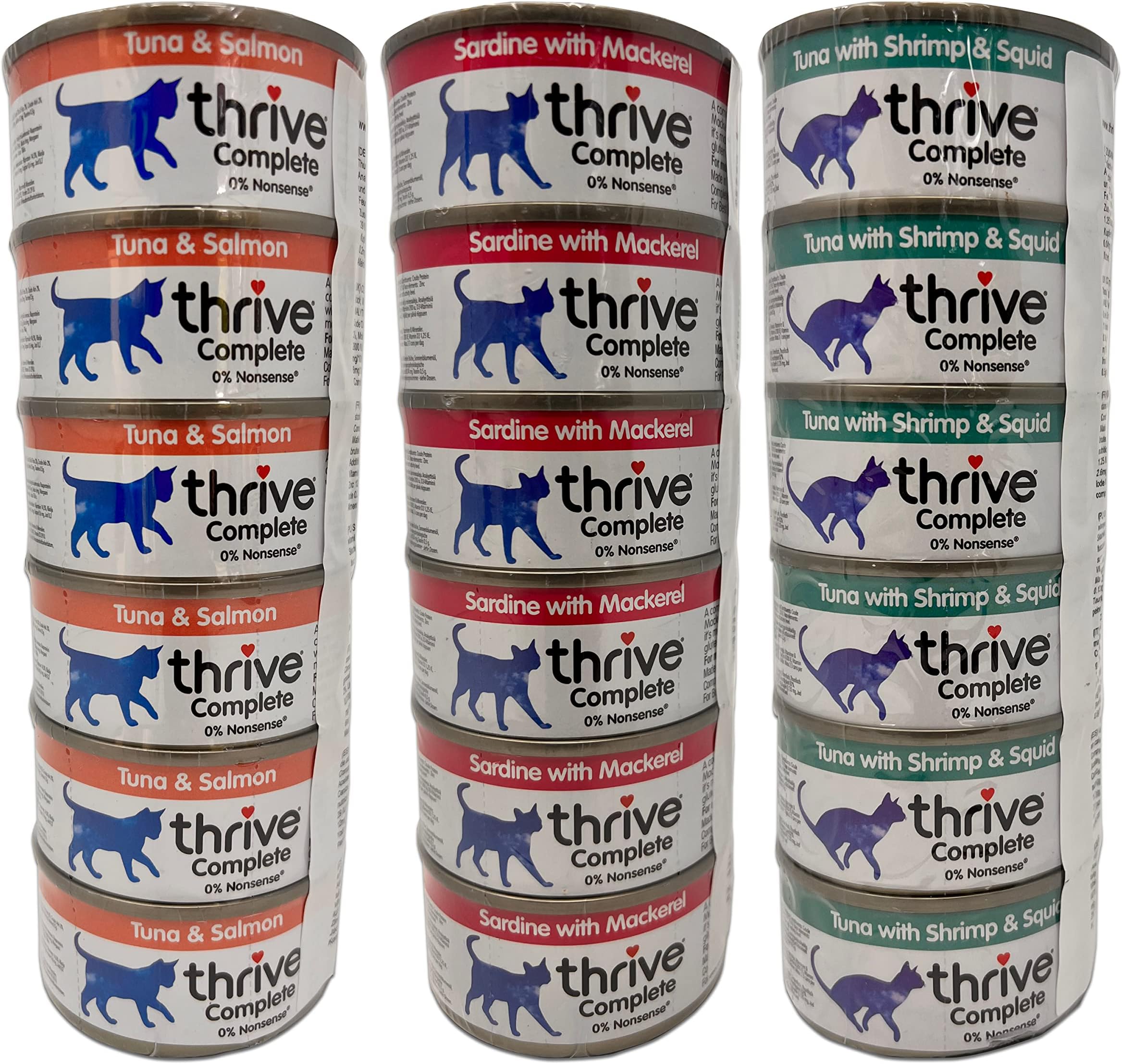 – Thrive Cat Food Wet Complete Bundle - 18 Tinned Sets (6 x Tuna & Salmon, 6 x Sardine & Mackerel, 6 x Tuna With Shrimp & Squid) 75g Each