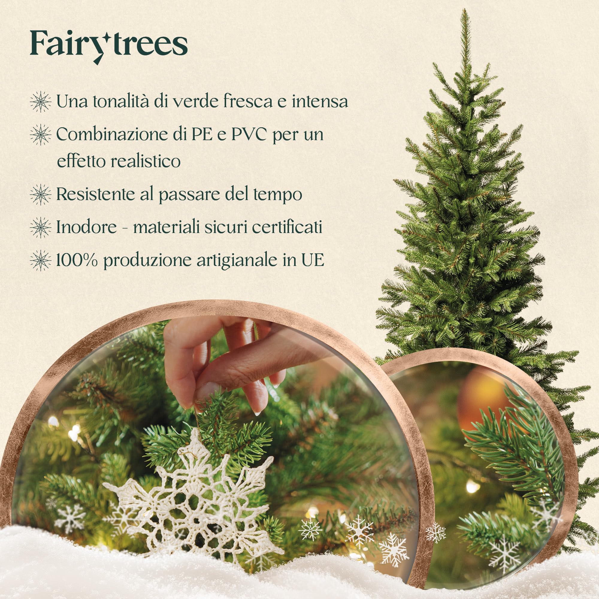 FAIRYTREES Albero di Natale 180 cm Nordman Premium SLIM | Elementi naturali realizzati ad iniezione| in UE | albero con supporto in legno di frassino fatto a mano