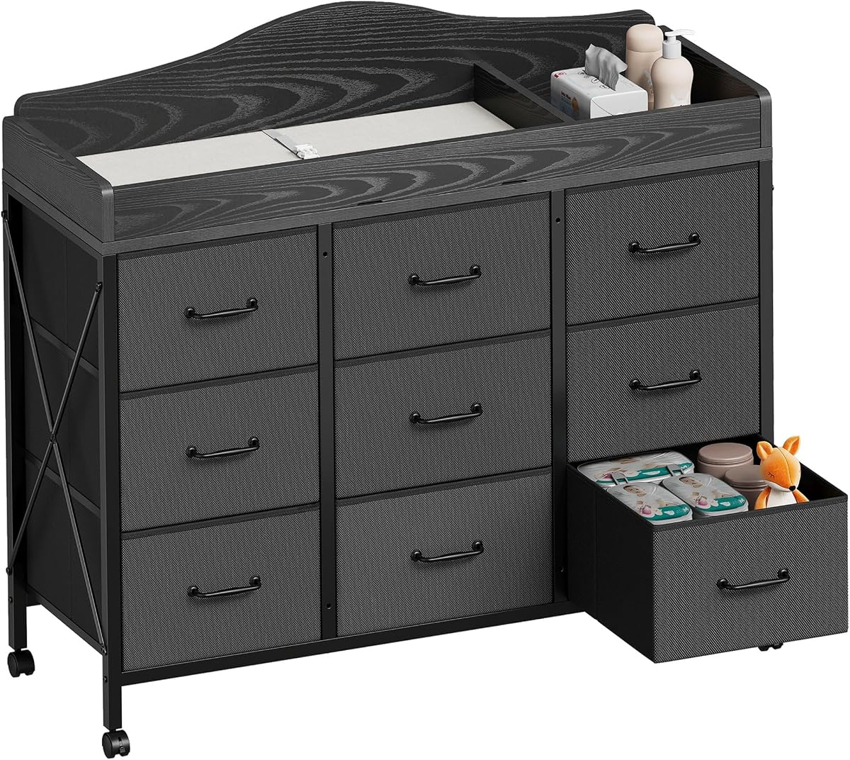 Cambiador para bebé, 9 cajas de tela, almohadilla impermeable, guardería móvil, negro | Cómoda para cambiar pañales, almohadilla impermeable para pañales y correa de seguridad, organizador para guardería de bebé, móvil, guardería