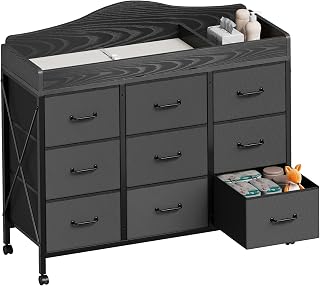 Baby Changing Table, 9 Fabric Boxes, Waterproof Pad, Mobile Nursery, Black | Changing Table Dresser, Waterproof Diaper pad & Safety Strap,Baby Nursery Organizer, Mobile, Nursery