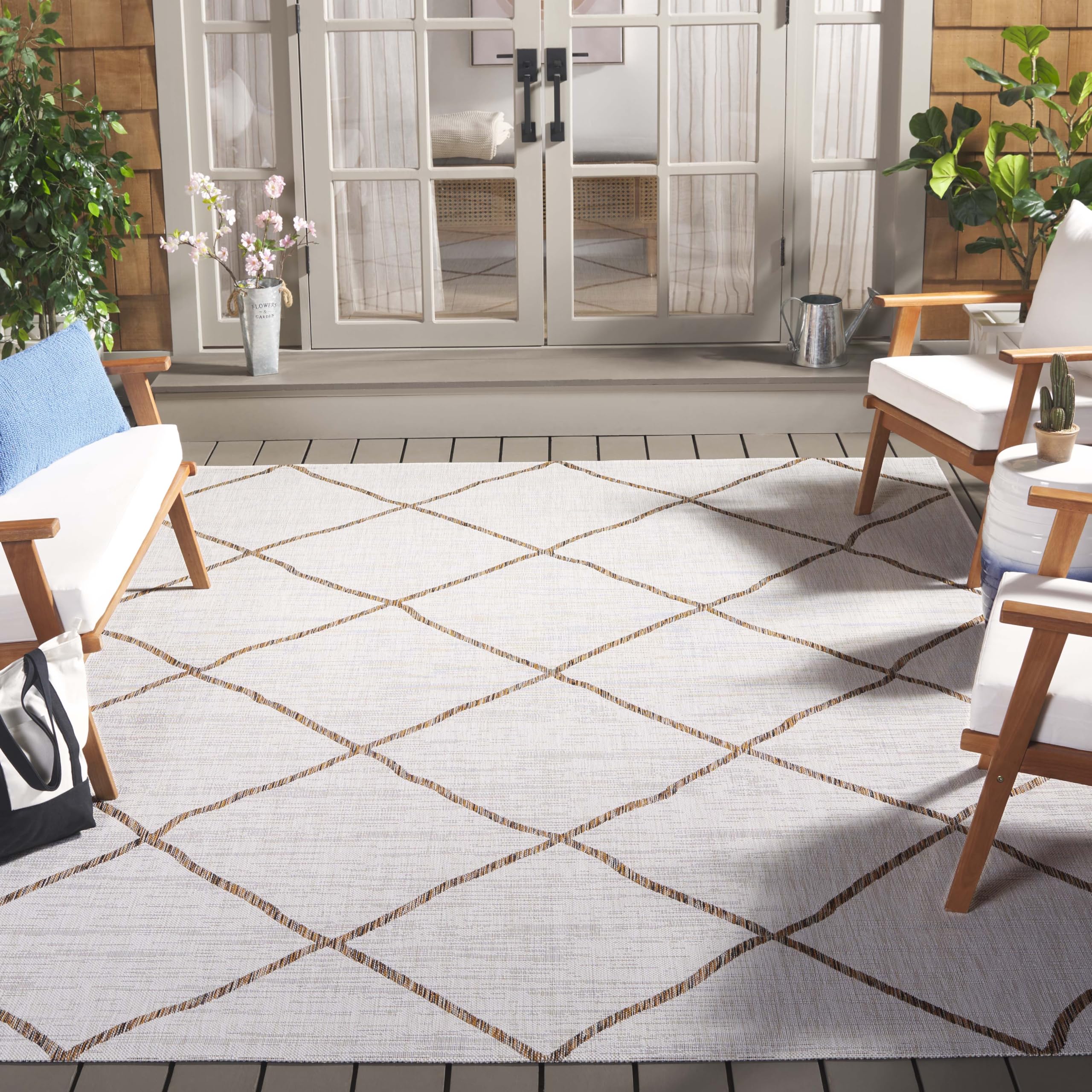 SAFAVIEH Washable Rug Outdoor Courtyard Collection - 8' x 10', Ivory & Brown, Non-Shedding & Easy Cleaning, Ideal for Patio, Backyard, Mudroom, Dining
