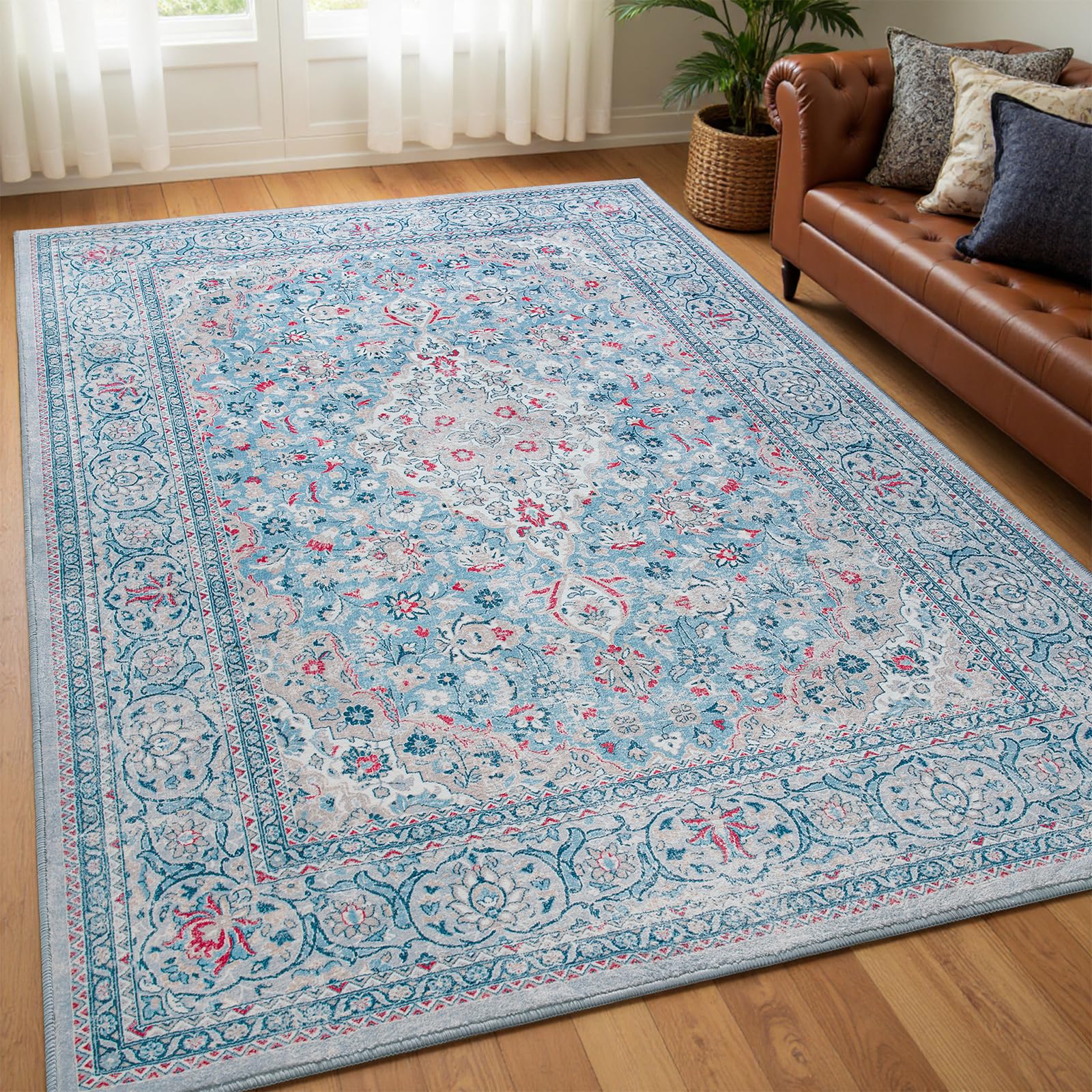 Goideal Washable Rug 5x7, Blue Area Rugs Non Slip, Indoor Low Pile Carpet with Rubber Backing for Living Room Kitchen Bathroom Entryway Office Bedroom