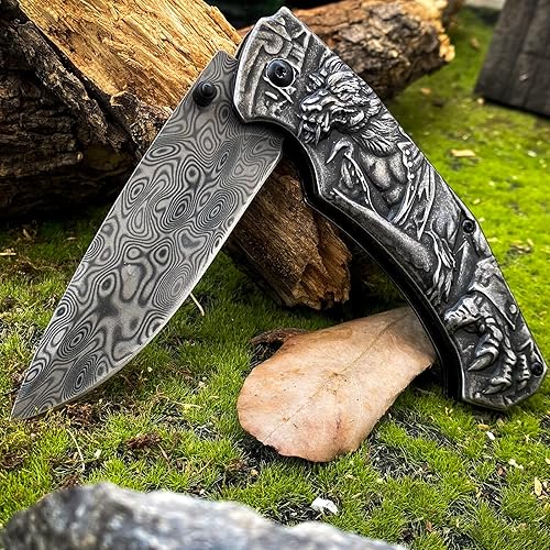 Miniatura 6 de 3D Carving Collection - Cuchillos plegables tácticos pesados de 8.2 pulgadas con hoja recubierta de titanio de 3.5 pulgadas, bloqueo de forro de