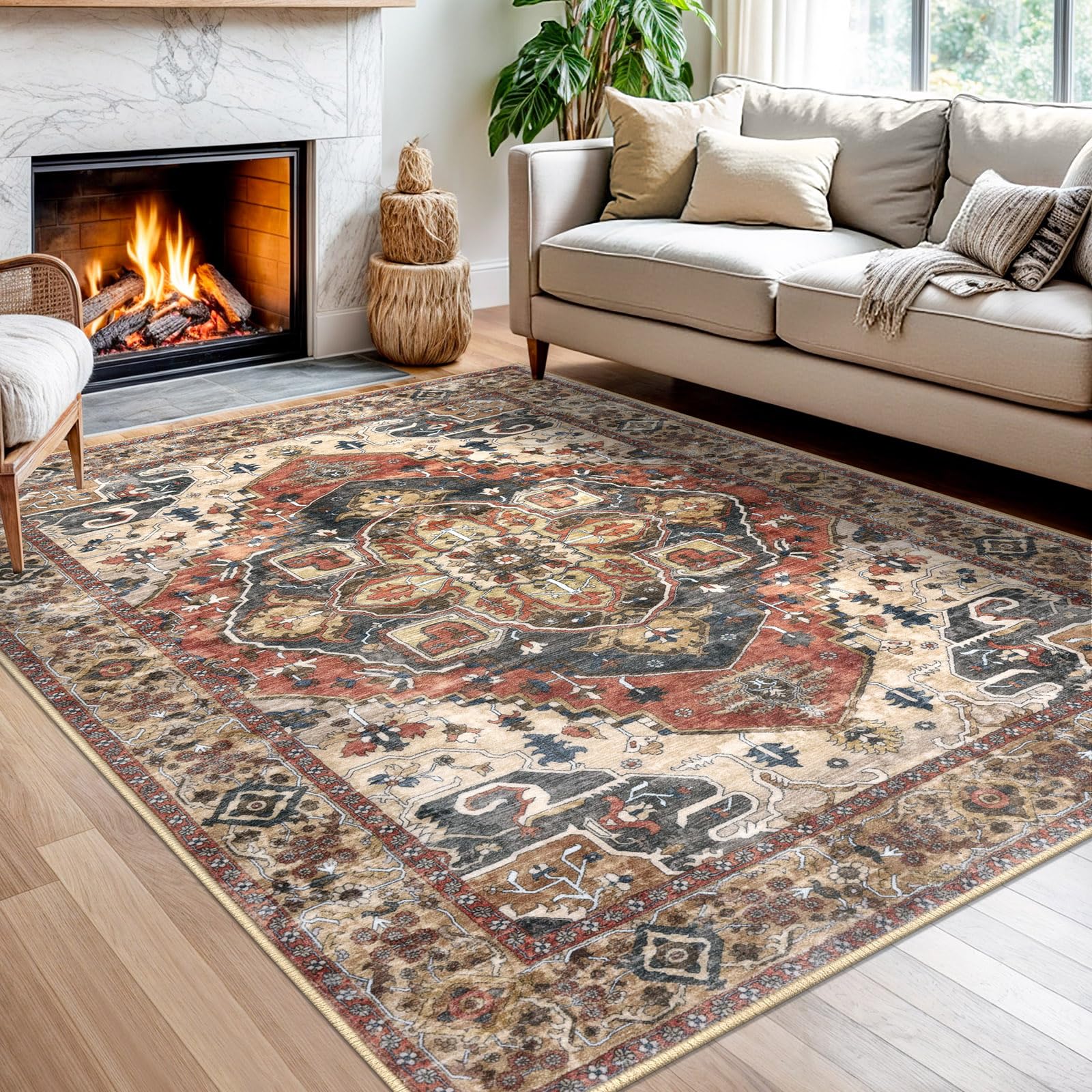 SIILOOM 5x7 Area Rug for Bedroom, Terracotta Large Vintage Floor Rug with Non-Slip, Non-Shedding Washable Area Rugs for Living Room, Soft Boho Carpet