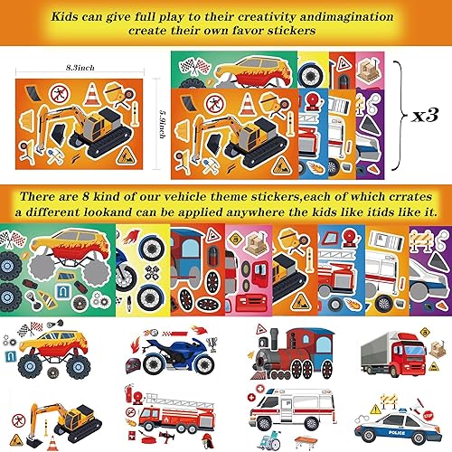 Miniatura 4 de 24 hojas de calcomanías de transporte para niños, lindas calcomanías de vehículos para ambulancia, camiones, calcomanías de construcción de camiones