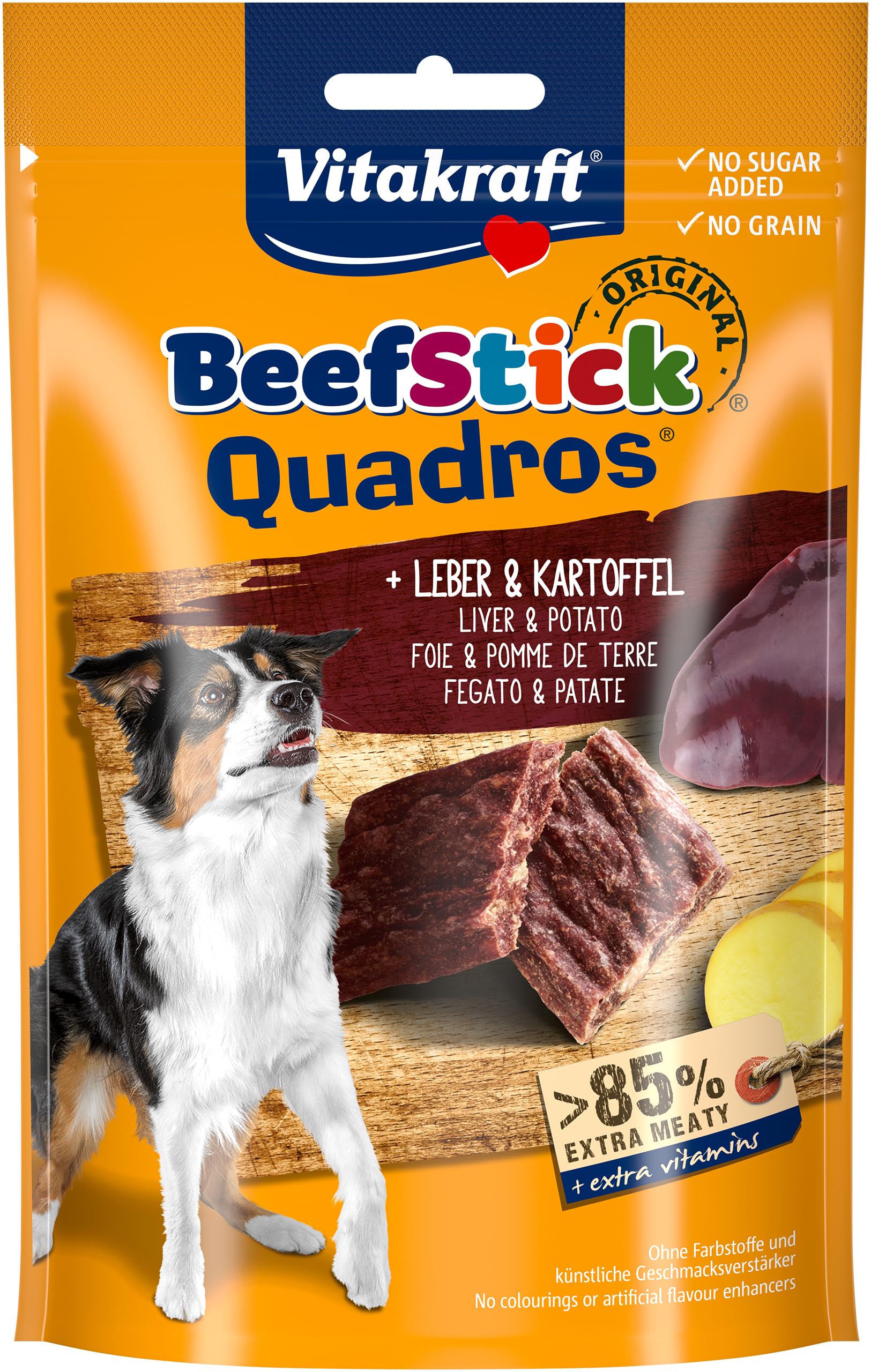 Vitakraft Beef Stick Quadros, Hundeleckerli, Fleischsticks in Rauten mit Kartoffel und Leber, Hunde Trainingsleckerli, ohne Zusatz von Zucker (1x 70g)