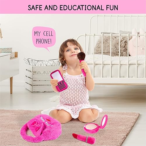 Miniatura 5 de Talking Plush Pocketbook | Bolso de simulación para niñas | Bolso de juego para niños pequeños con 4 accesorios para hablar | Brocha de maquillaje,