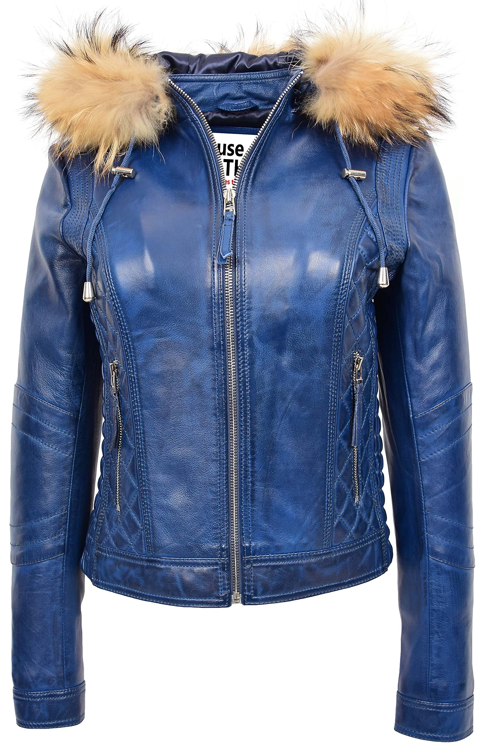 House Of Leather Women's Blue Real Leather Biker Style Jacket Detachable Hoodie Lily (10, )