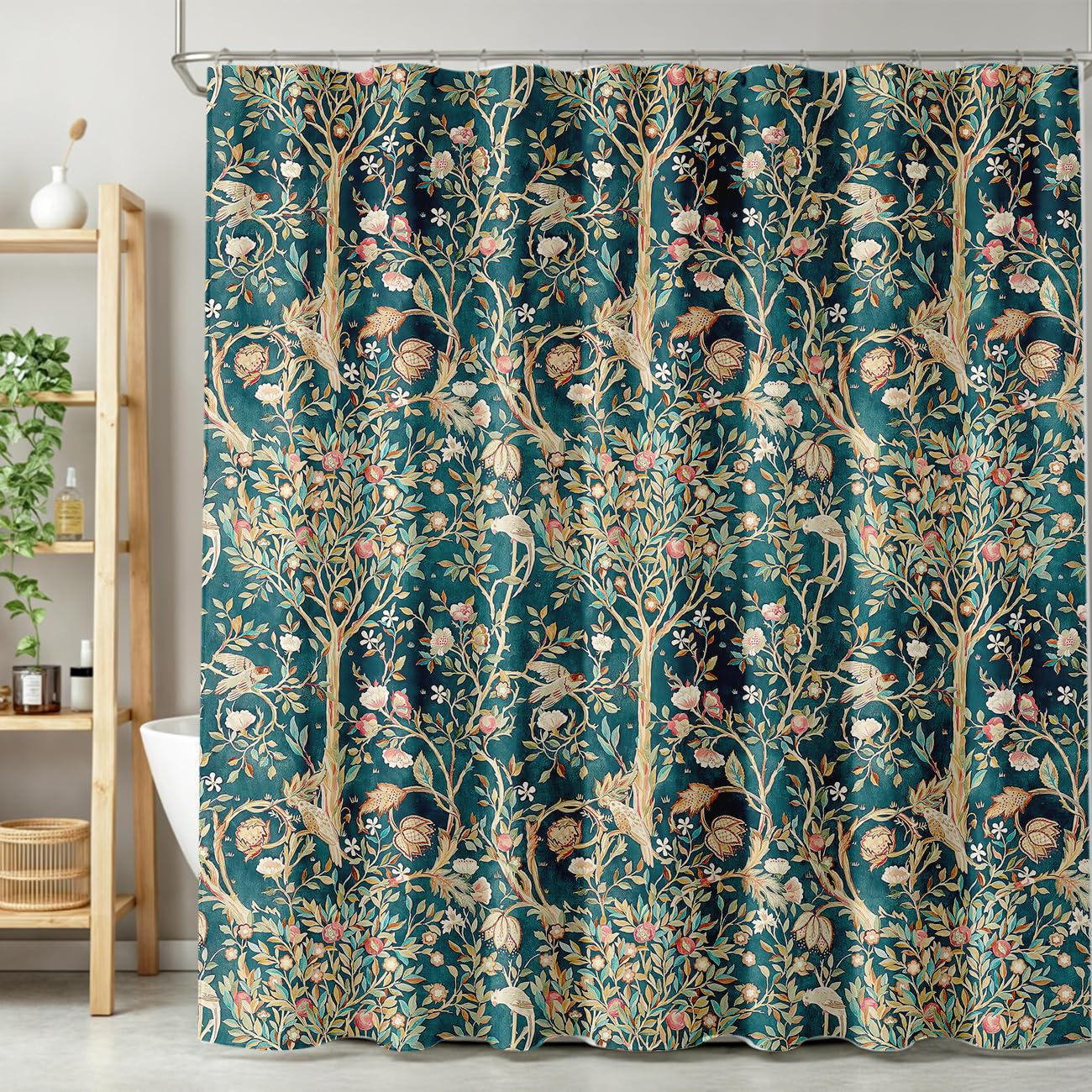 William Morris Vintage Floral Shower Curtain - Original Design Green Plant Aquatic Flower Print Polyester Bathroom Waterproof Curtain With 12 Hooks - 72x72 Inches Strawberry Thief