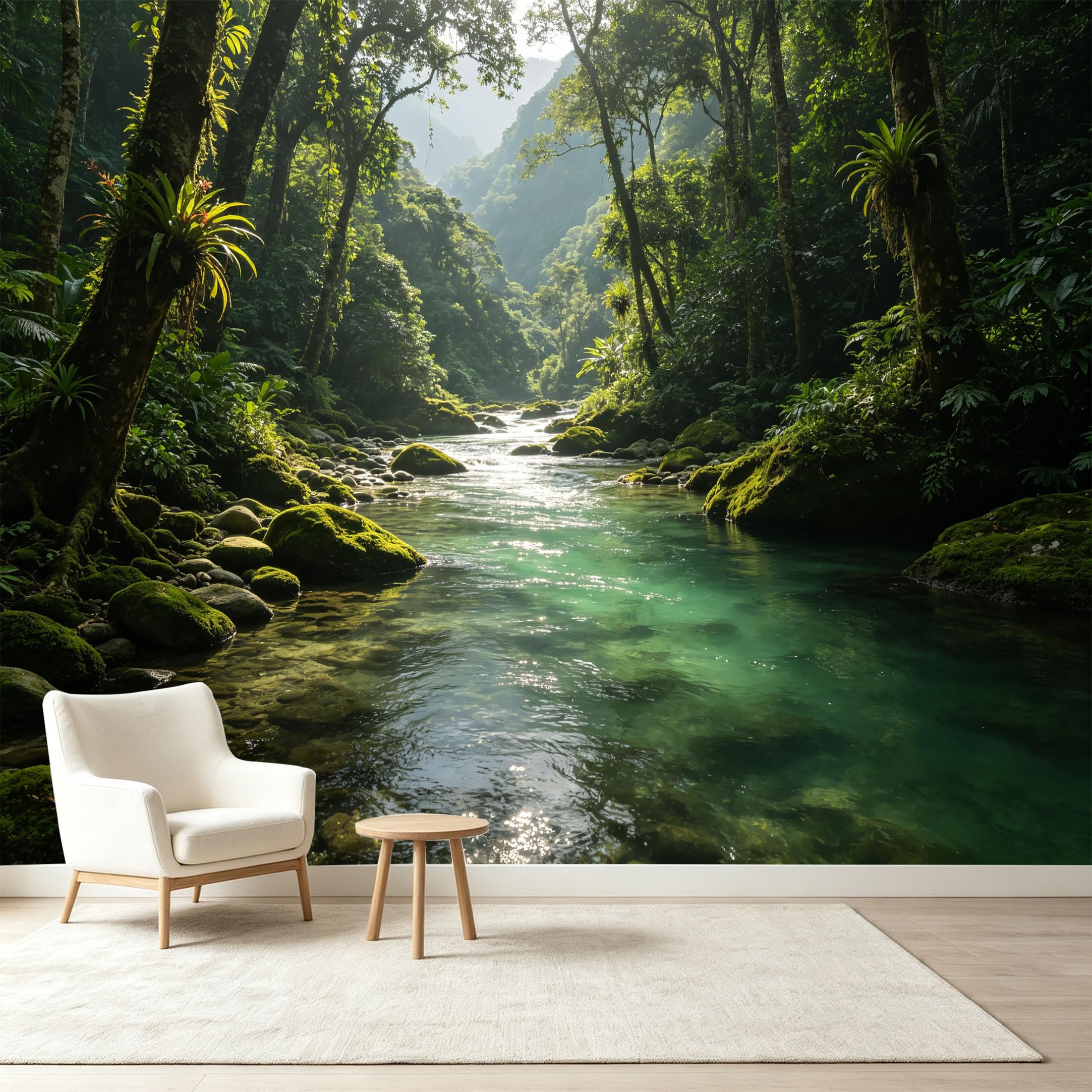 Custom Size Wall Murals Tropical Rainforest Landscape River Sunlight Trees Rocks Self-Adhesive Wall Fabric Removable Wallpaper Wall Decor for Living Room Bedroom Bathroom