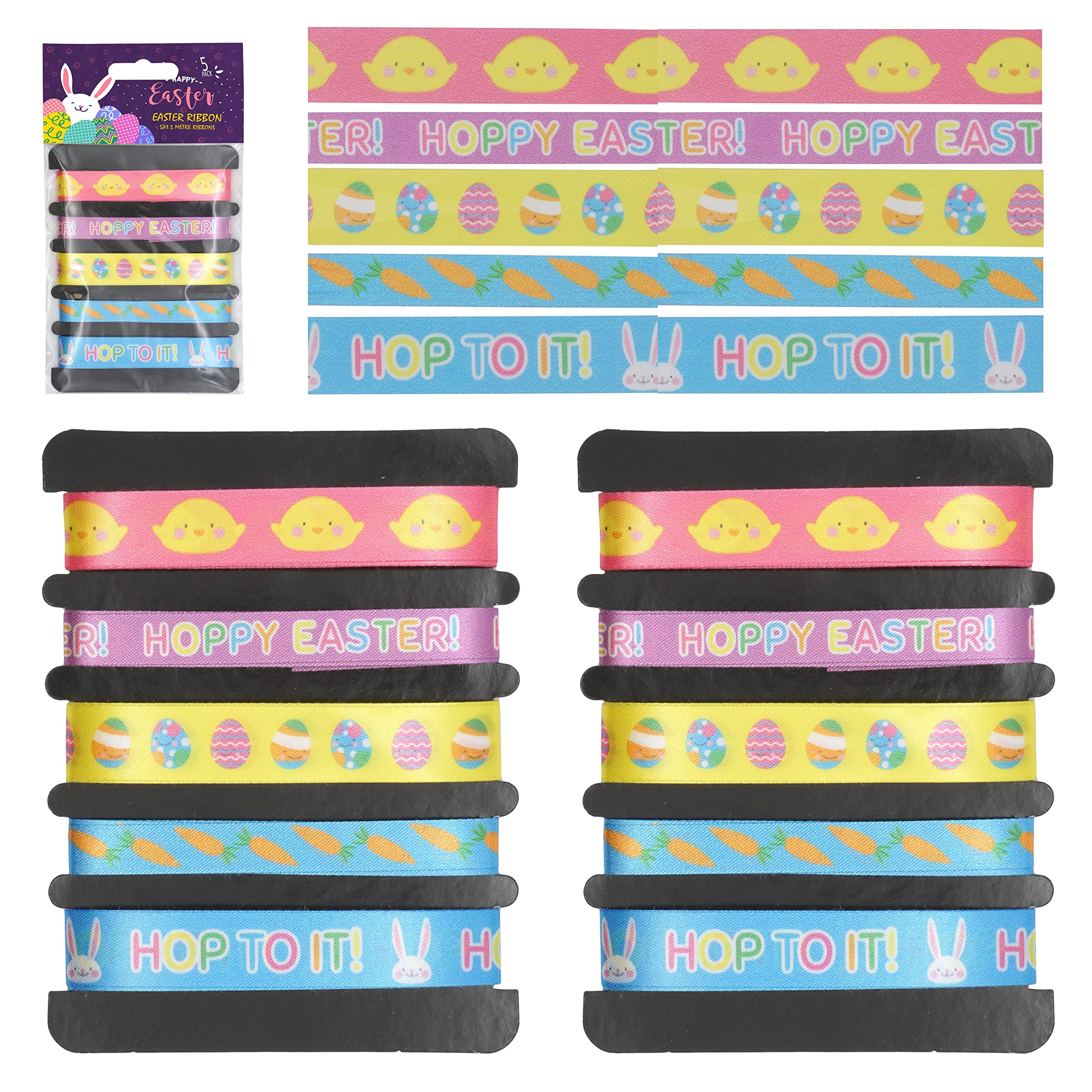 Lot De 5 Rubans De Pâques Imprimés - Déco Cadeaux, Chapeaux Ou Bricolage - Motifs œufs Et 'Happy Easter'