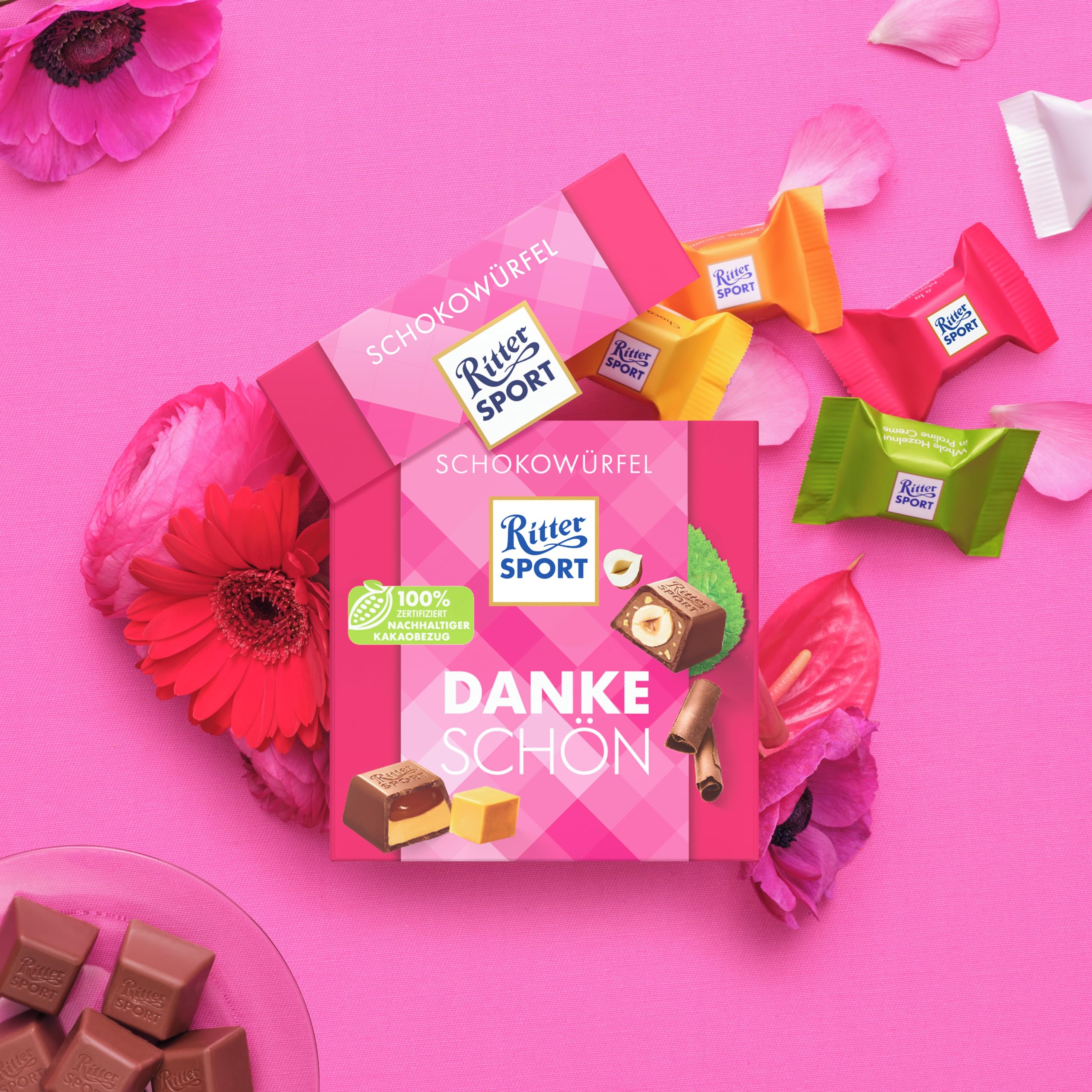 Ritter Sport Schokowürfel Dankeschön, Joghurt, Voll-Nuss in Nugatcreme, Danke Schön, Mousse au Chocolat, Schoko Crisp und Karamell Duo, geeignet für Muttertag und Vatertag, 8 Boxen mit je 176 g