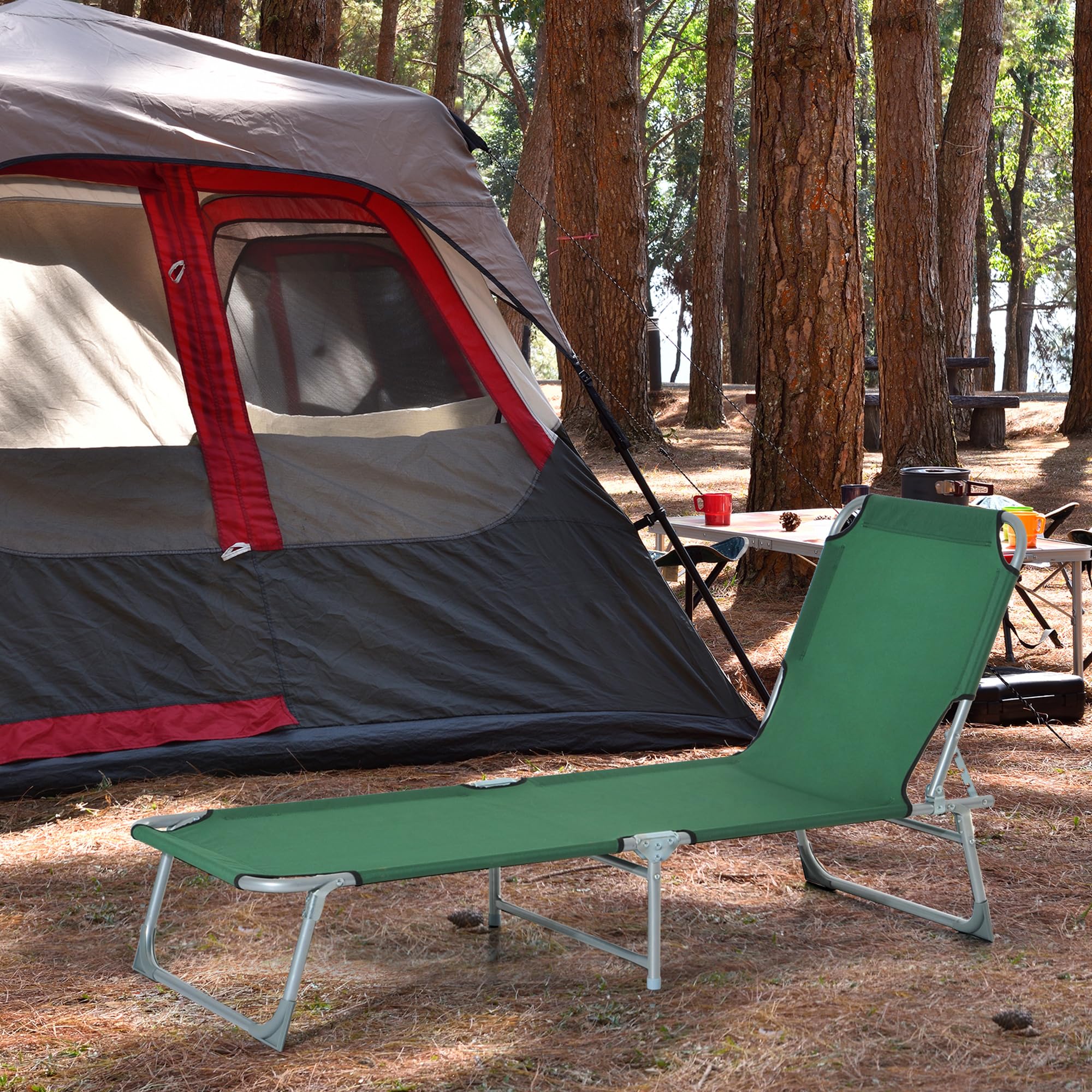 Outsunny Cama Plegable para Camping Cama Portátil con Altura Ajustable en 4 Niveles Carga 120 kg y Marco Metálico para Playa Piscina 187x58x30cm Verde