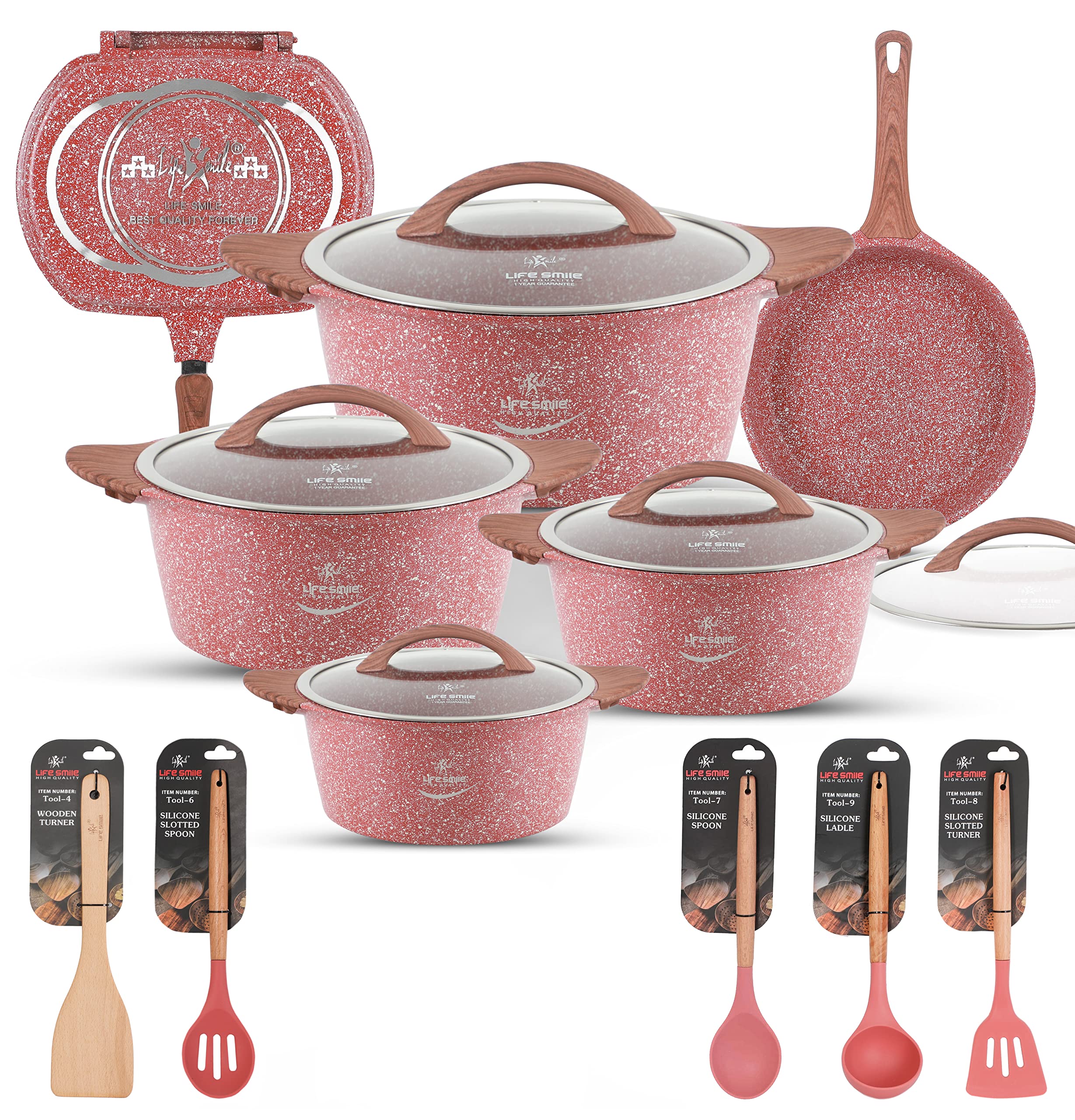 Cookware Set 17 pieces - LIFE SMILE Pots and pans set Induction Bottom, Granite Non Stick Coating, Die Cast aluminum Body include Casseroles & Fry pan & Double Grill pan And Kitchen Utensils (Pink)