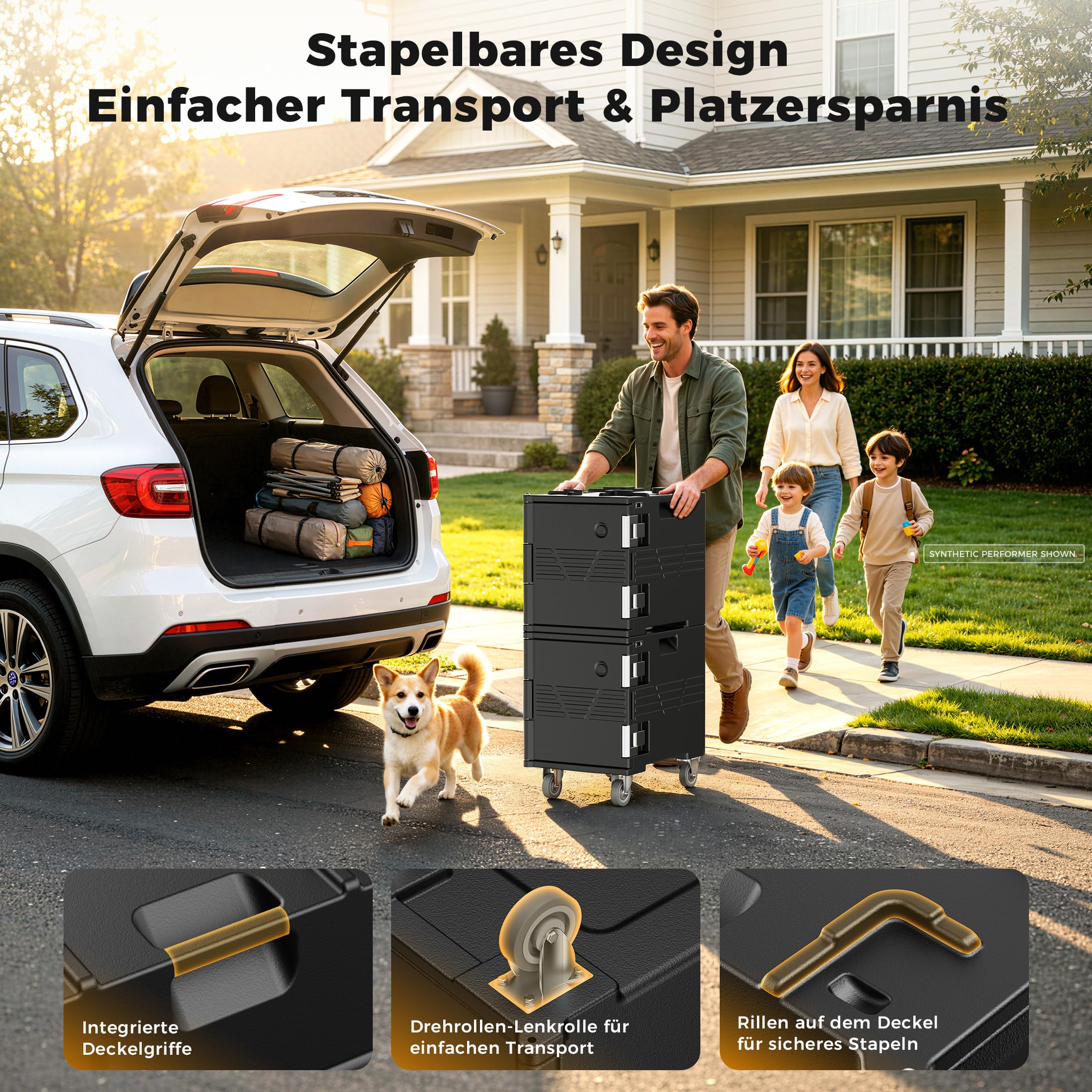 75L Thermobox Frontlader mit Drehrollen, LLDPE Isolierte Transportbox | mit 304 Edelstahlriegel, Warmhaltebox Stapelbar für 5x GN 1/1 Behälter(Nicht), Ideal für Lieferservice und Catering