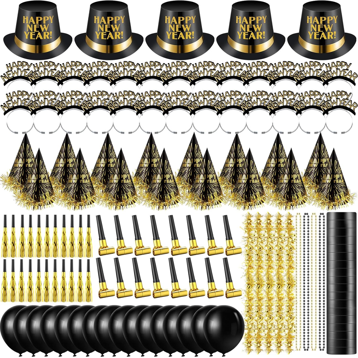 404 Pcs New Years Eve Party Supplies 2026 Gold Black Party Favors Hats Tiaras Horns Noise Makers Fringe Squawkers Necklaces Streamers Whistles Balloons Decorations for Countdown Celebration