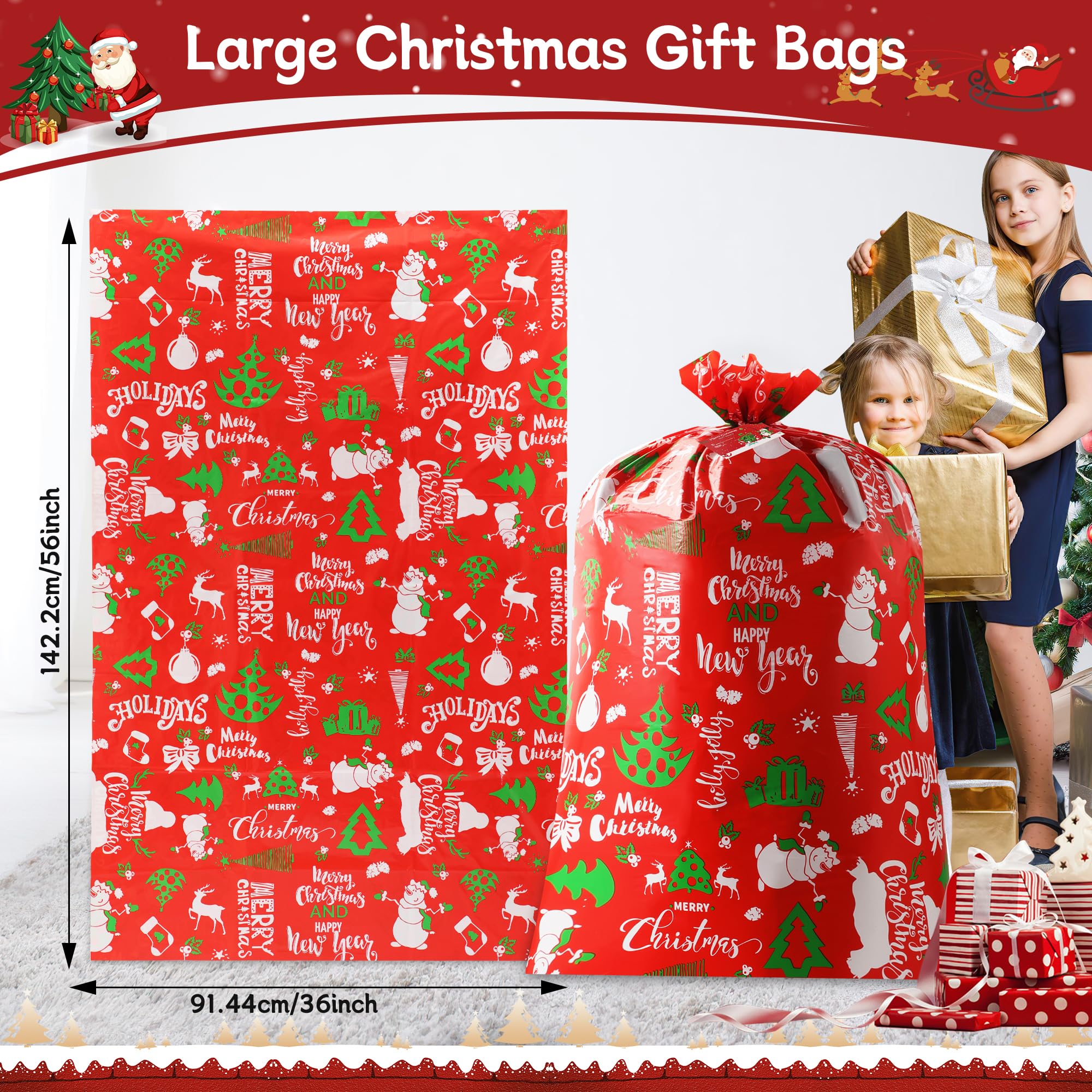 YIGOYIHU 3PCS Extra Large Christmas Gift Bags - 56’’ x 36’’ Jumbo Christmas Gift Bags - Giant Gift Bag for Huge Gifts with Tag & Tie - Heavy Duty Plastic Big Xmas Sack for Holiday Huge Present