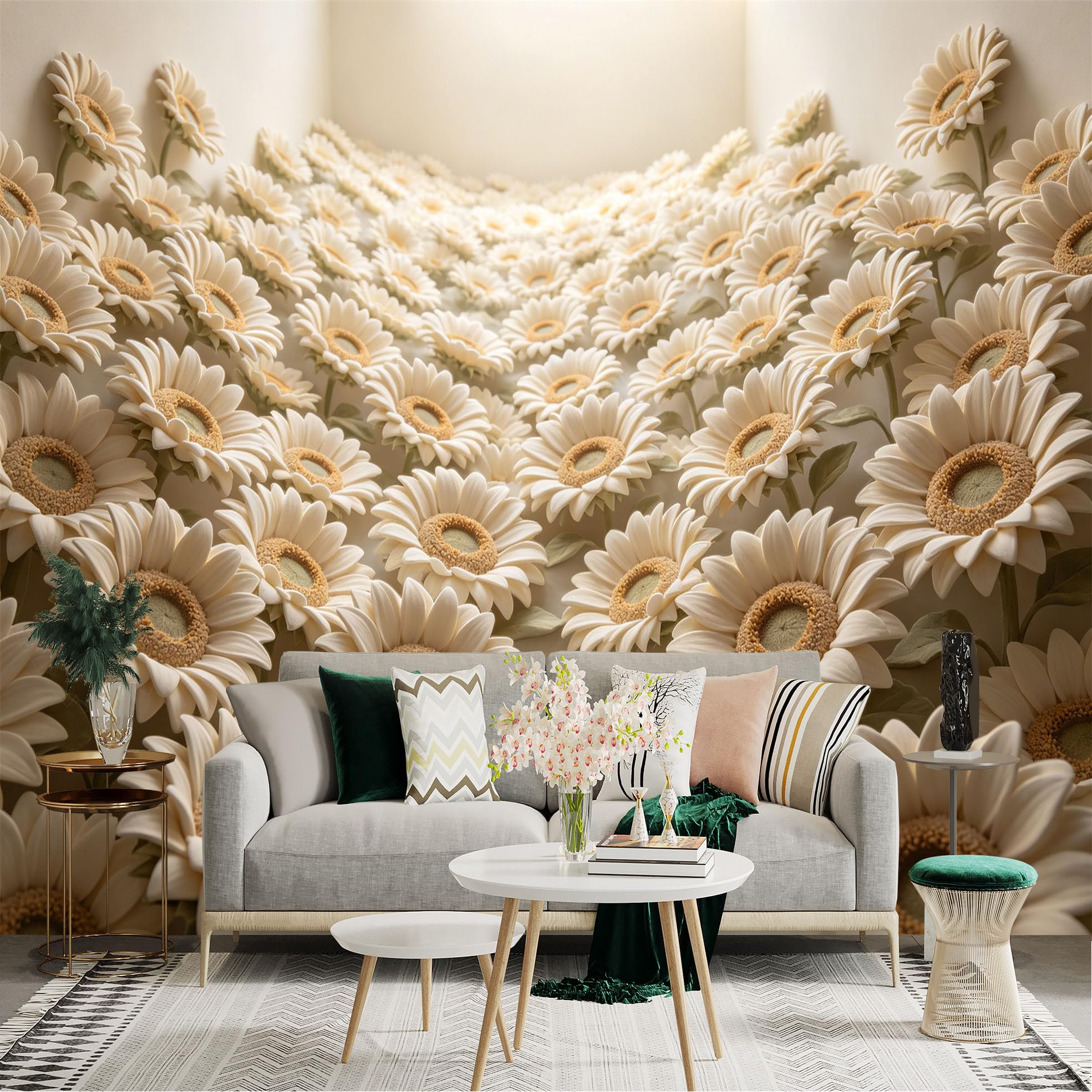 Lnzczhyre Dbh260521560 Custom Size Wall Sticker Mural， Elegant White Sunflower Field， Soft Floral Botanical Art， Minimalist Blossom Pattern， For Wall Decoration， Peelandstick Wall Decals.