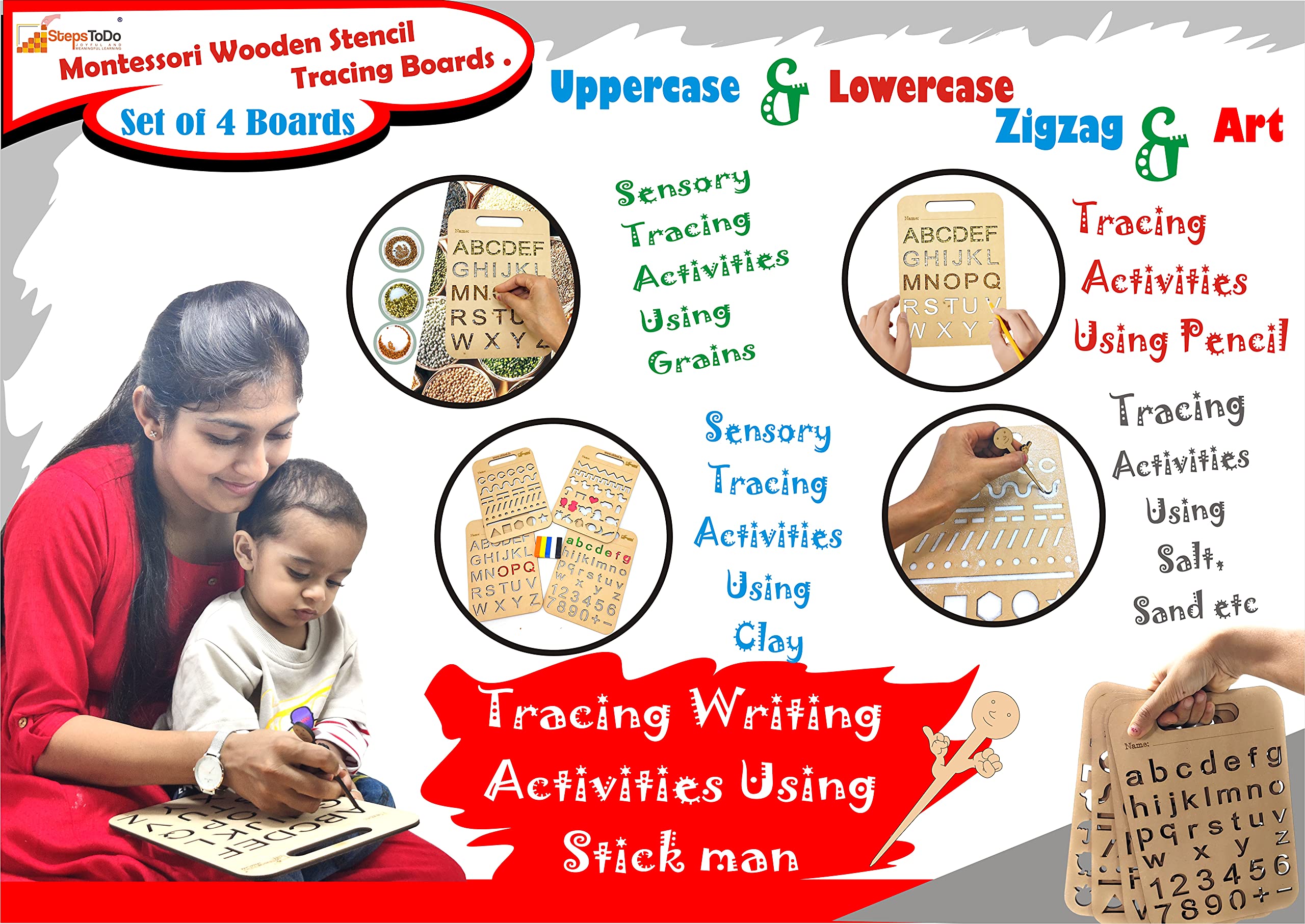 StepsToDo Montessori Wooden Stencil Boards Set of 4. Tracing Kit for Alphabet Letters, Shapes, Numbers, Patterns, Lines, Zig-Zags, Waves, Spirals and Shapes, Large and Small Letters. (B099NLSKRB) Amazon Price History, Amazon Price Tracker