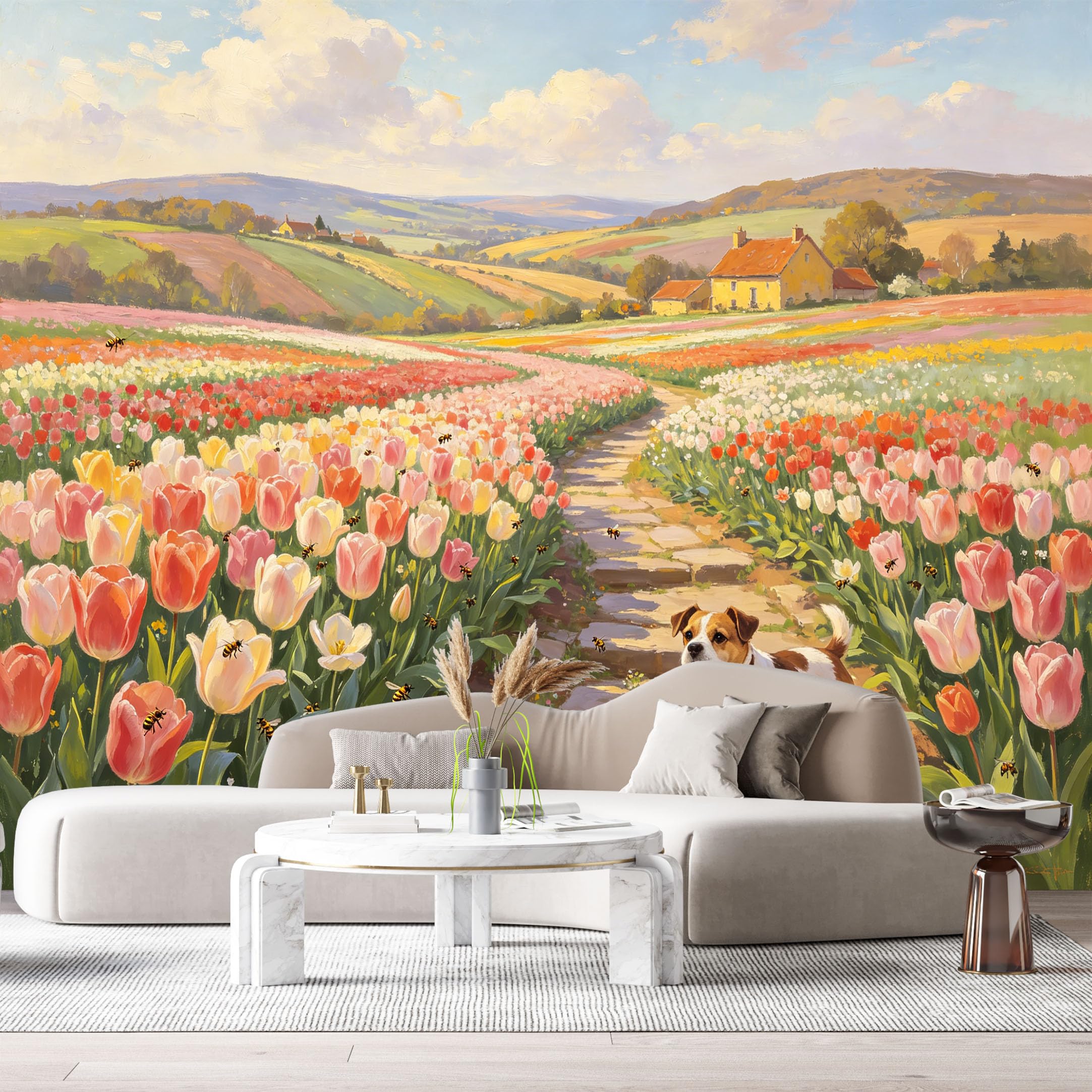Custom Size Wall Murals Farmhouse American Country Oil Painting Colorful Flower Fields Stone Path Pet Dog SelfAdhesive Wall Fabric Removable Large Wallpaper for Photo Living Room