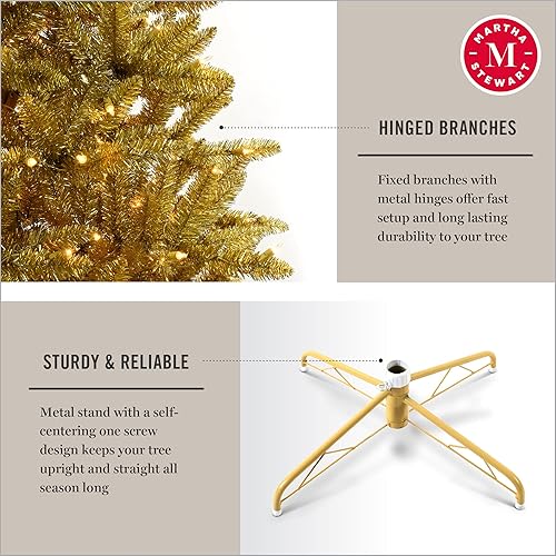 Miniatura 4 de MARTHA STEWART Árbol de Navidad artificial preiluminado de oropel, 7 pies, dorado
