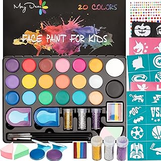 Face Painting Kit for Kids - 20 Colors Water Based Makeup Palette with Stencils, Glitters, Rainbow Split Cake, Hair Dye Clips, for Parties, Halloween, Safe Professional Body & Face paint Kit