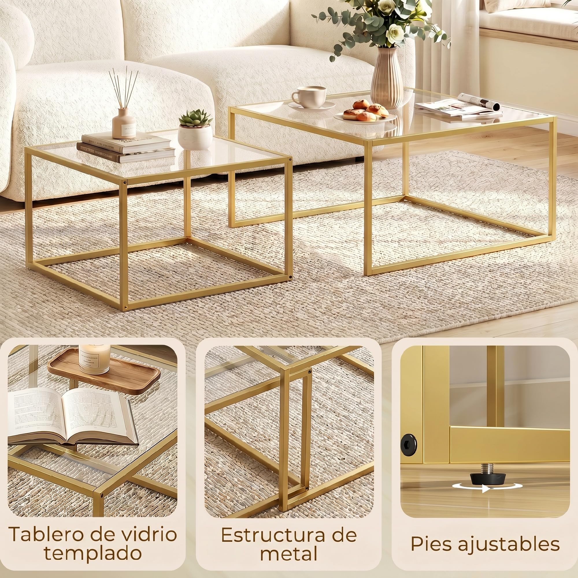 HOMCOM Set de 2 Mesas de Centro Cuadradas Modernas 75x75x42cm Dorado | Mesas Nido, Tablero de Vidrio Templado, Estructura Metálica, Ahorra Espacio, para Salón, Dormitorio u Oficina