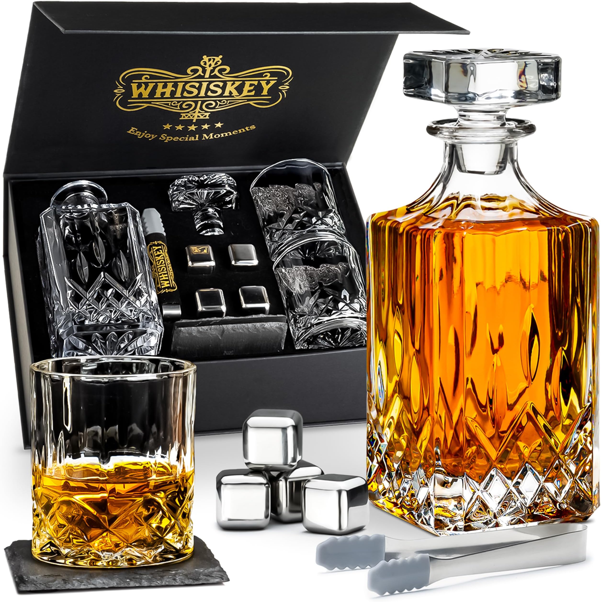 Whiskey Decanter Set - 700ML Classic Carafe - Whiskey Gift Sets for Men - Whisky Set - Glass Gifts for Men - Inc. 2 Whiskey Glasses, 4 Whiskey Stones, Accessories