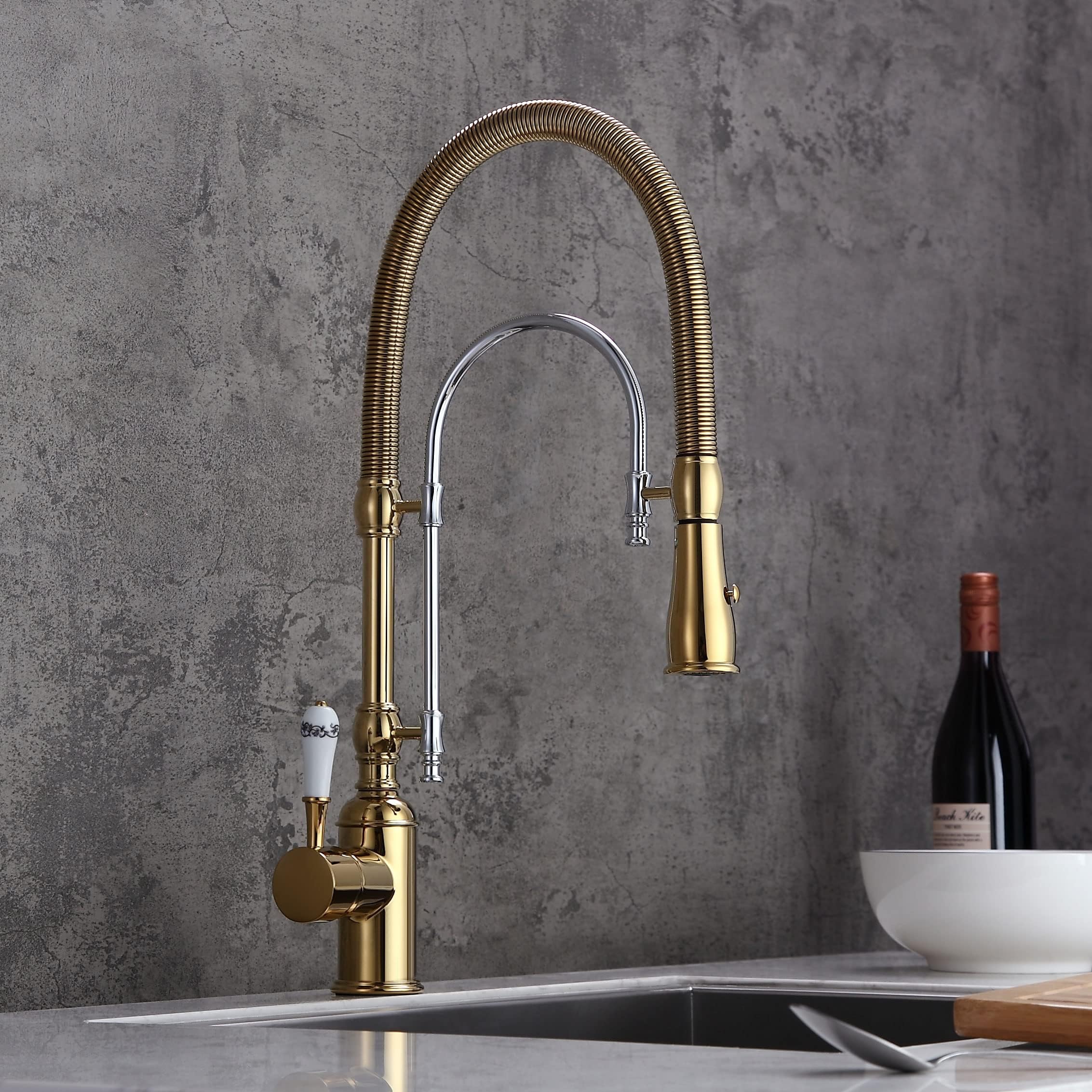 KunMai Single Handle High Arc Swiveling Dual-Mode Pull-Down Sprayer Kitchen Sink Faucet with Porcelain Handle in Gold&Chrome,Lead-Free Solid Brass cUPC Certified Pre Rinse Faucet