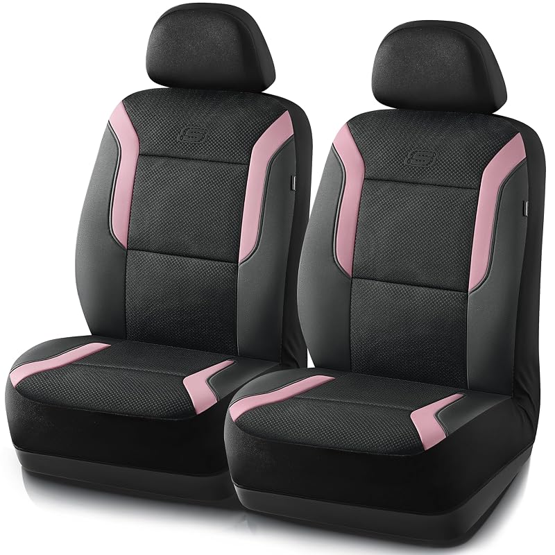 Capa para Banco Automotivo Dianteiro Skechers com Skechers Memory Foam(TM), Couro e Air-Cool Mesh, Compatível com Airbag, Preta/Rosa, 2 capas