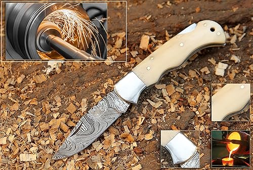 Miniatura 7 de Cuchillo plegable de Damasco hecho a mano de 6.5 pulgadas para hombres, cuchillo de caza con funda para exteriores, camping, pesca, senderismo,