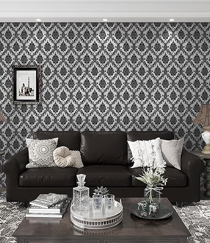 Miniatura 5 de Papel tapiz autoadhesivo de 17.7 x 197 pulgadas, color negro y plateado, papel de contacto de damasco, papel de contacto autoadhesivo de película de