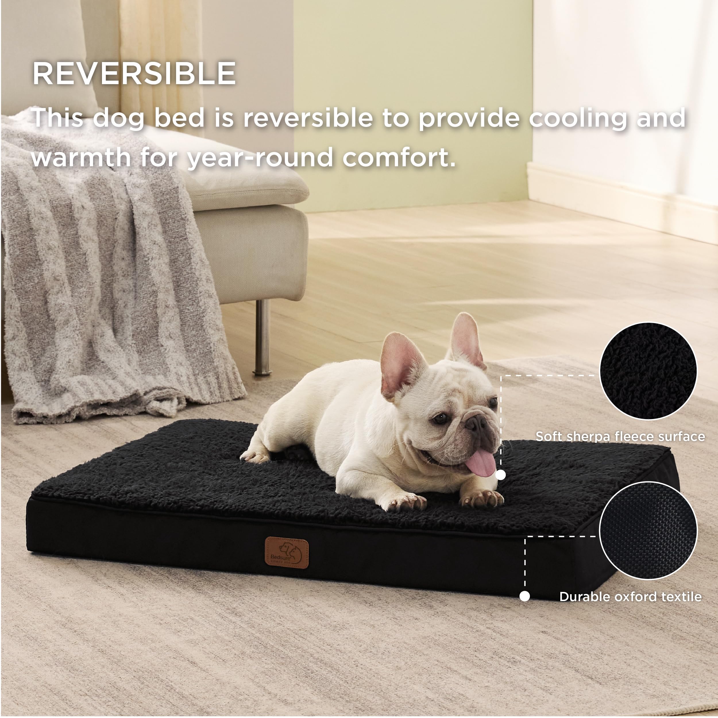 Bedsure Cuscino per cane sfoderabile ortopedico – Tappeto per cane medio 76 x 51 x 7,6 cm, letto per cane in schiuma con rivestimento in peluche, materasso per cane lavabile, nero