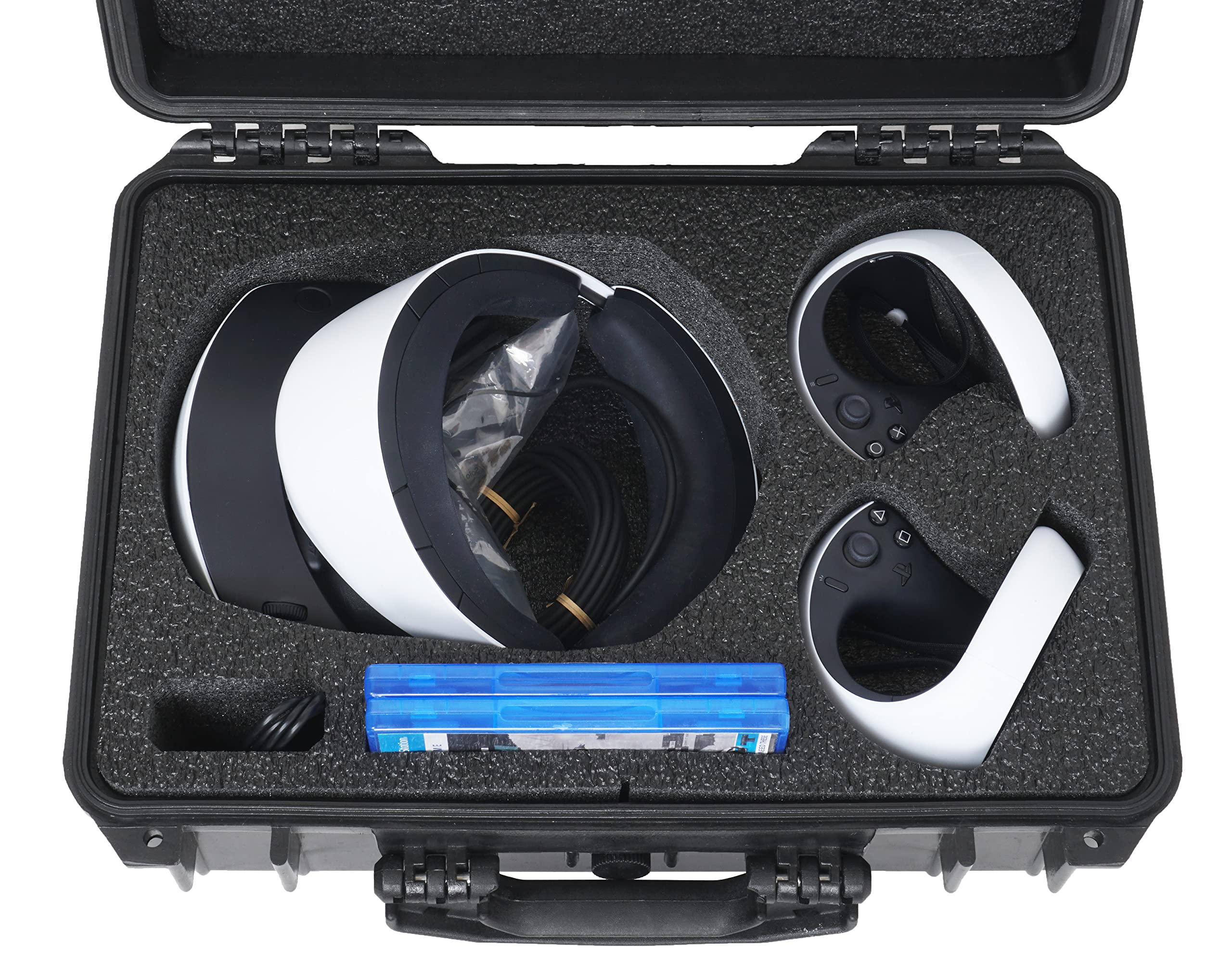 Case Club - Funda de transporte rígida compatible con auriculares PlayStation VR2, 2 mandos Sense, cables, 2 juegos y pequeños accesorios. Funda bloqueable con espuma precortada que absorbe los golpes