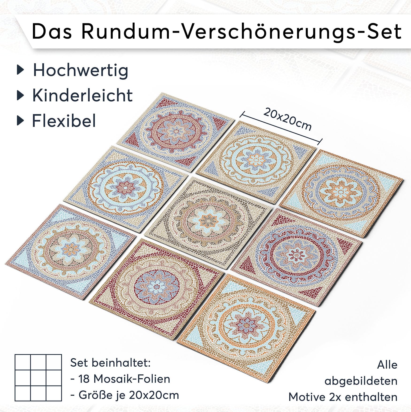 Fliesenmosaik - Fliesenaufkleber I Klebefolie zum Fliesen überkleben I Stickerfliesen für Küchen und Bad-Fliesen I 20x20 cm - Motiv Mosaik Afrika - 18 Stück
