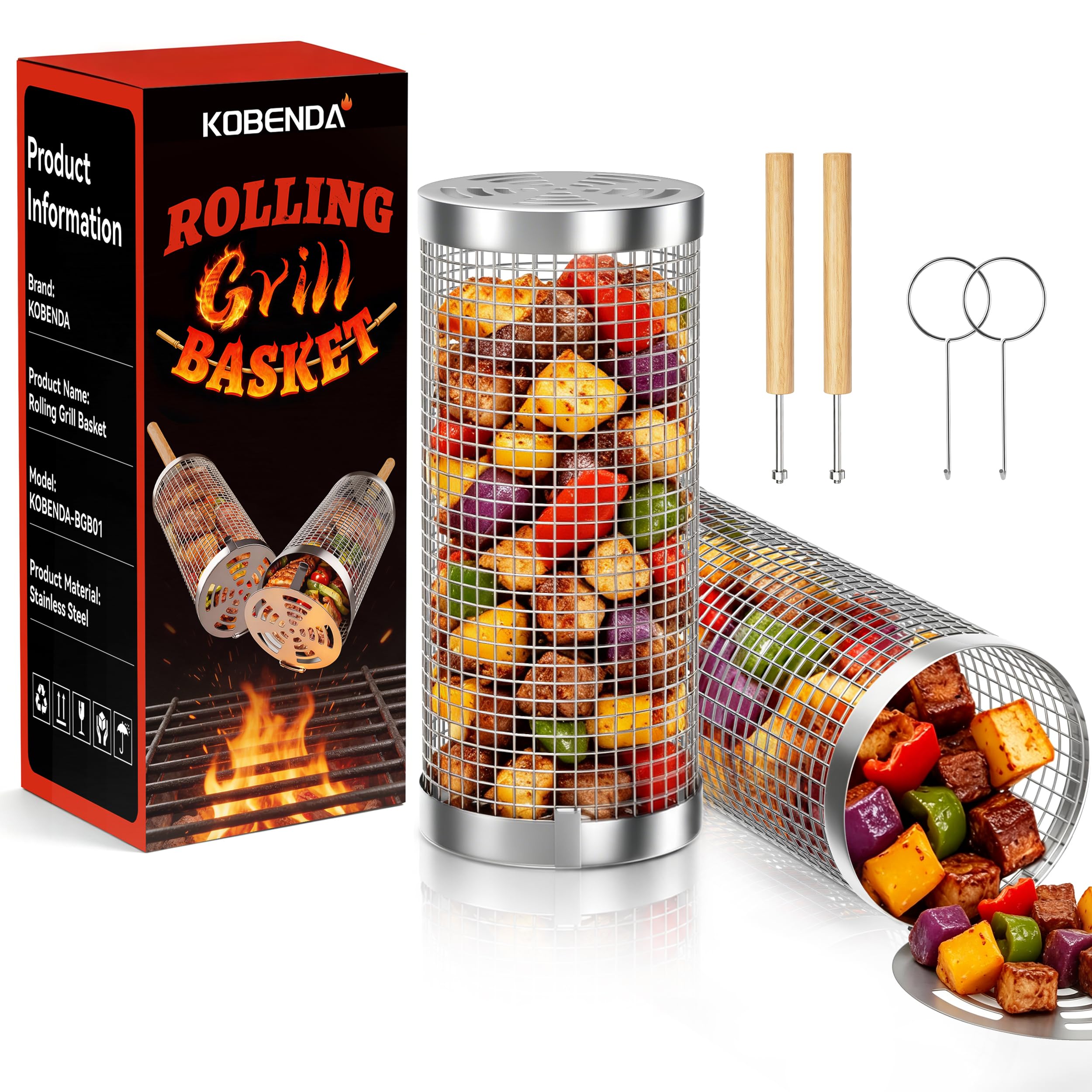 Rollender Grillkorb Edelstahl 304, Abnehmbarer Holzgriff, 2er Set Nestbar, Grill Zubehör für Gemüse und Meeresfrüchte, Gasgrill und Holzkohlegrill, Grill Geschenke für Männer Papa