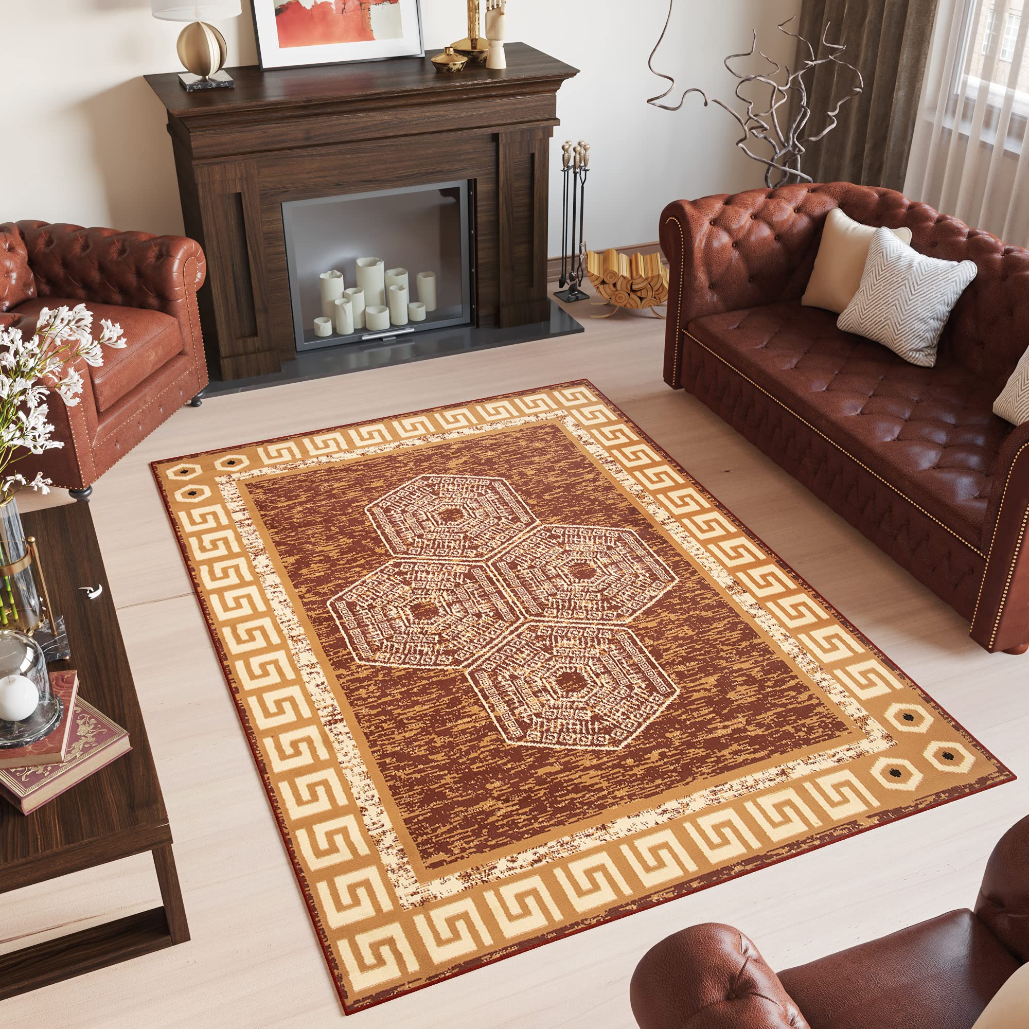 TAPISO Atena Tapis de Salon Chambre Ado Design Moderne Marron Sable Motif Grec Bordé Doux Fin Poil Court 140 x 200 cm