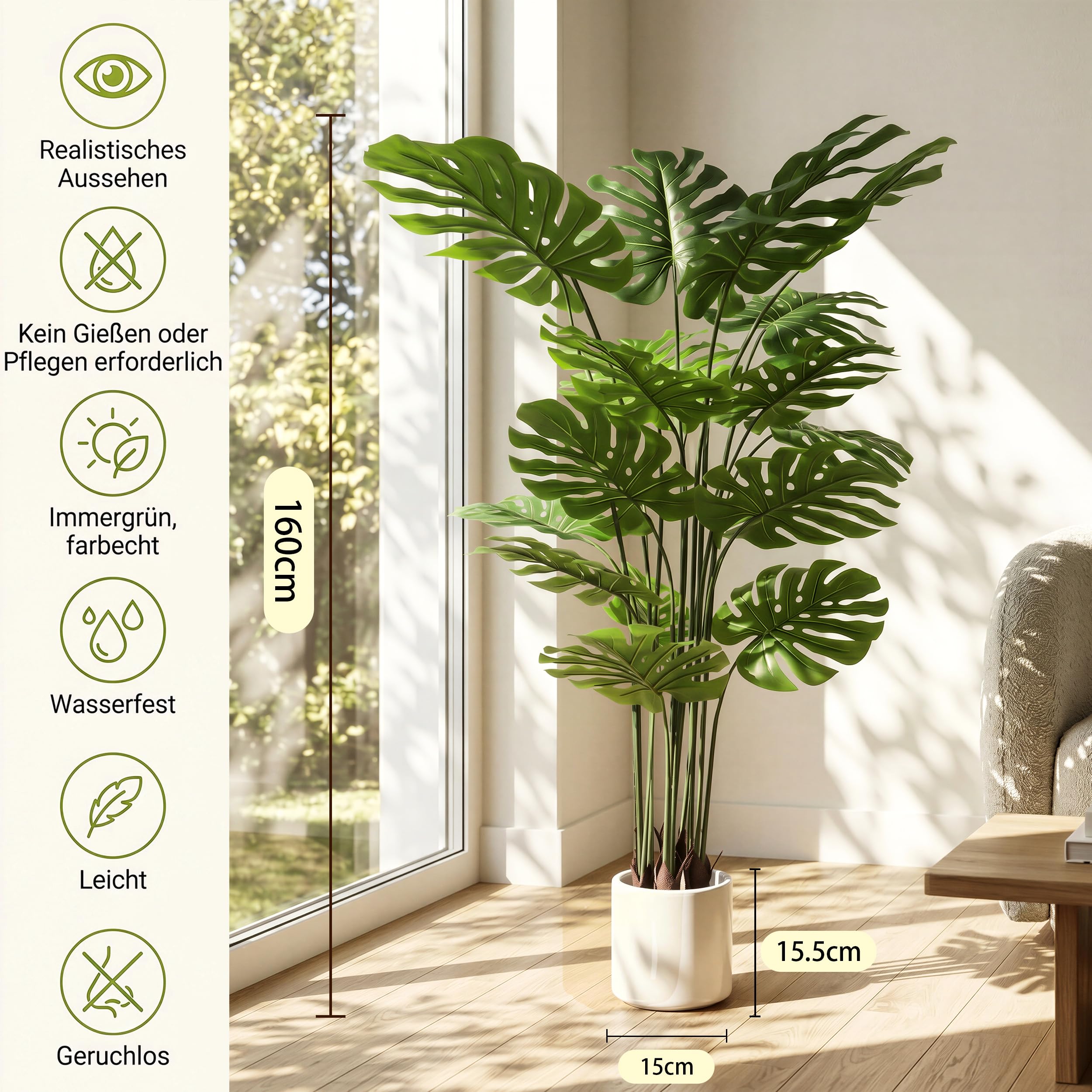 BEAUTYPEAK 160cm Monstera Künstliche Pflanze Wie Echt mit Weißem Topf | Kunstpflanze in Dichtes Laubwerk, Biegbare Blätter, Zimmerpflanze Deko für Wohnzimmer, Balkon,Büro,Flur, 2 Stück Fake Plants