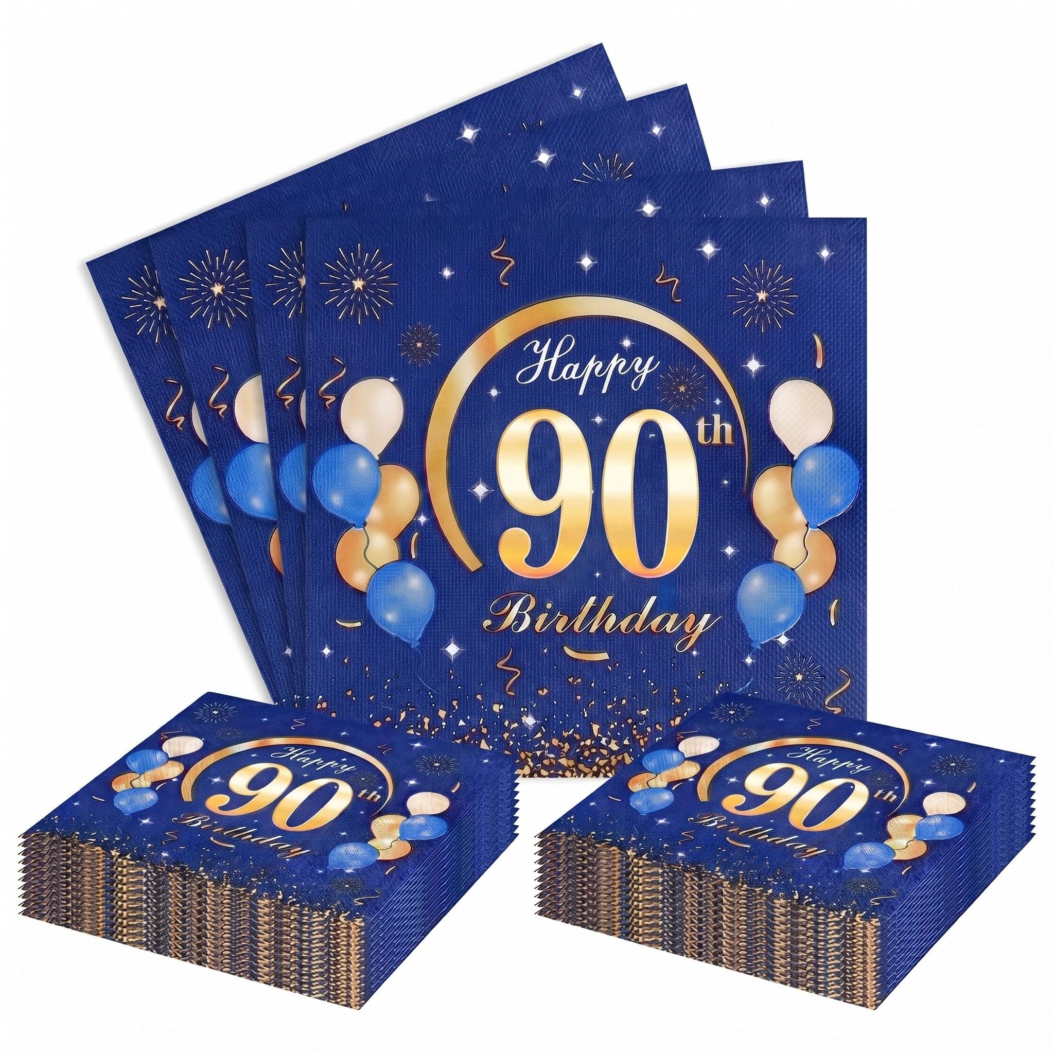 Blue Gold 90th Birthday Paper Napkins for Men & Women Party Decorations