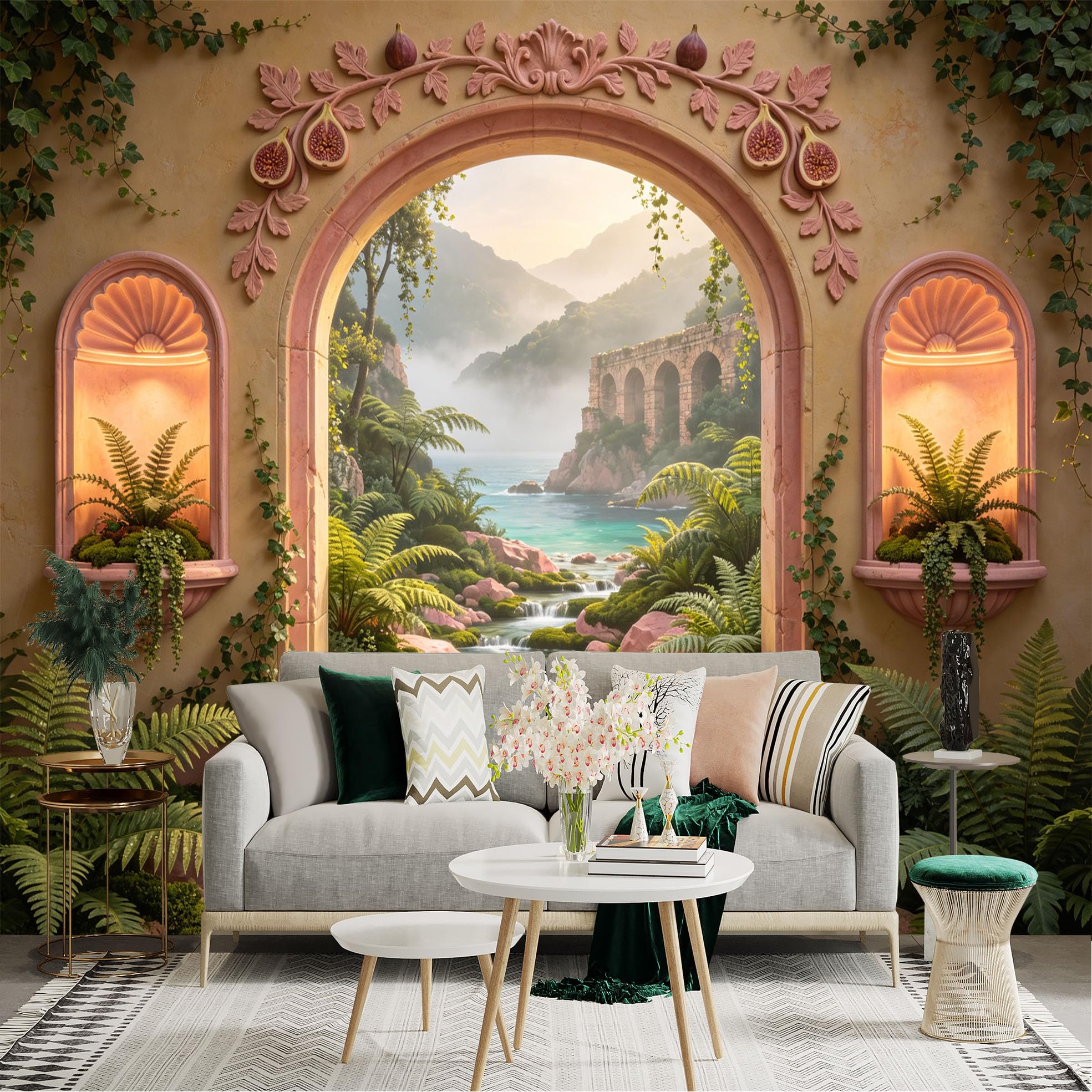 Custom Size Wall Sticker Mural， Mediterranean Arch with River， Ferns and Stone Bridge， for wall Decoration， peelandstick wall Decals.