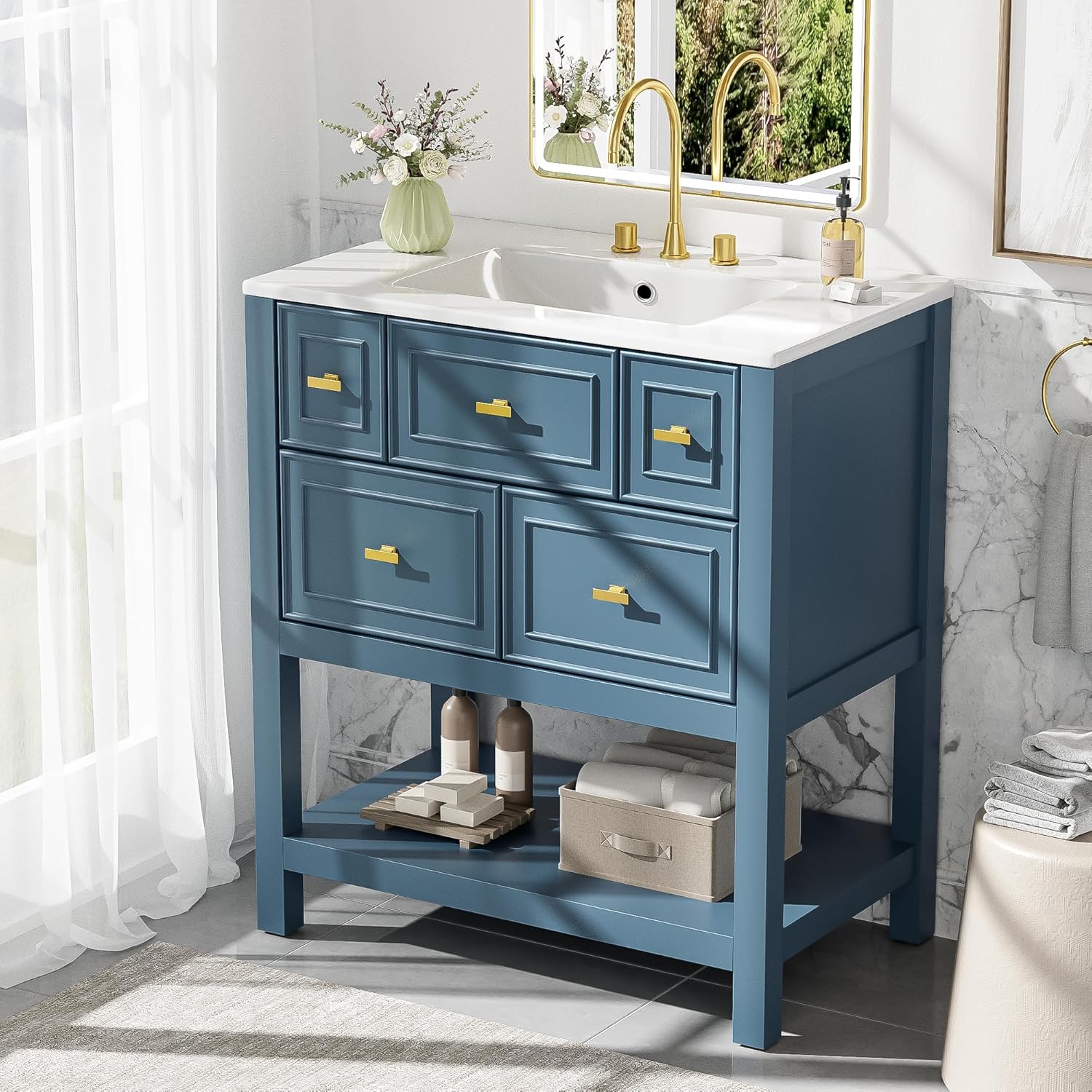 Bathroom Vanity,30'' Freestanding Single,Set w/Ceramic Sink,5-Drawer Solid Wood Storage Cabinet,Space-Saving Modern Design with Sliding Drawer & Adjustable Shelve for Bathrooms Organization,Blue