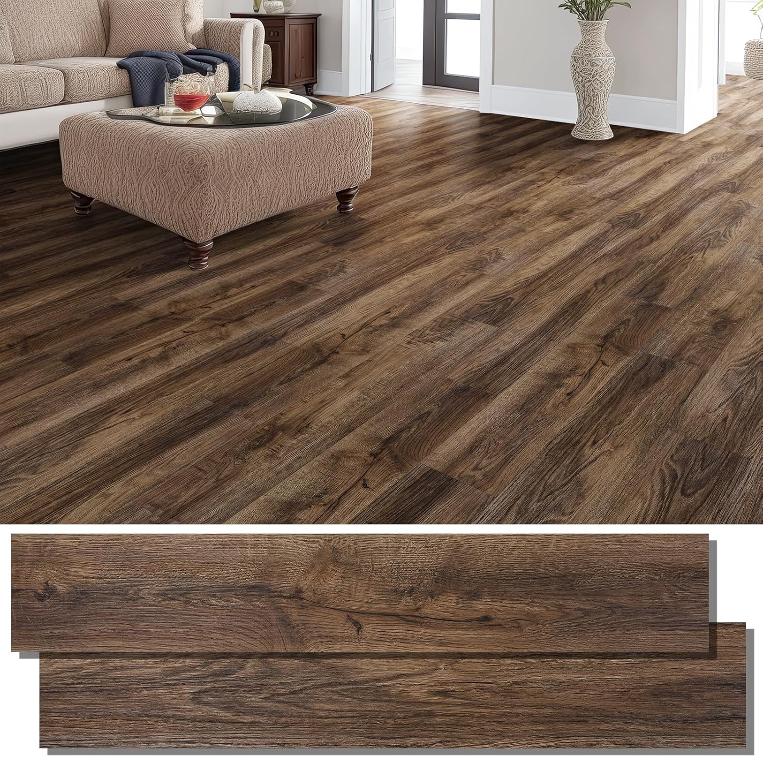 Peel and Stick Floor Tile, INMOZATA 36-Pack 54 Sq.Ft Self Adhesive Vinyl Plank Flooring Wood Grain Look 36x6 Inch Waterproof Tile Sticker for Bedroom, Living Room, Kitchen, RV (Smoked Brown) 36 x 6 inches Smoked Brown 36