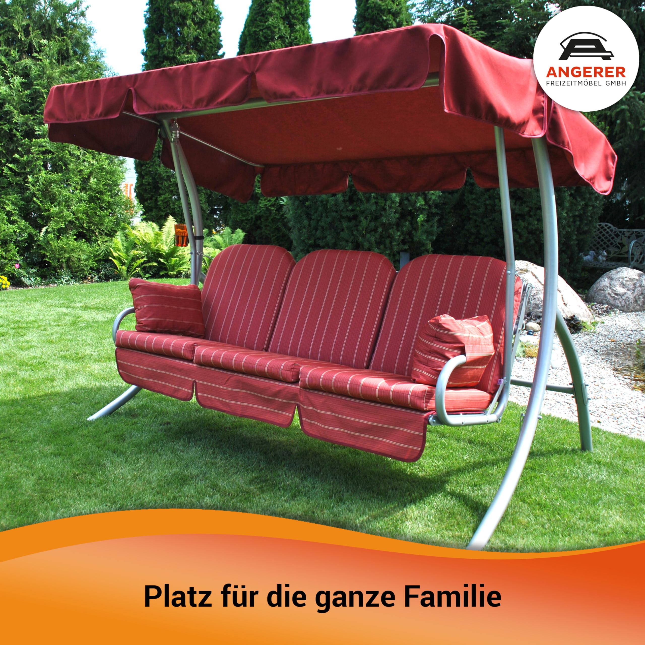Angerer Balancelle de Jardin Ibiza, Balancelle 3 Places Convertible en Lit, Structure en Acier Galvanisé, Auvent Réglable, Capacité 270 kg, Made in Germany (Motifs Rouge-Terracotta-Beige)
